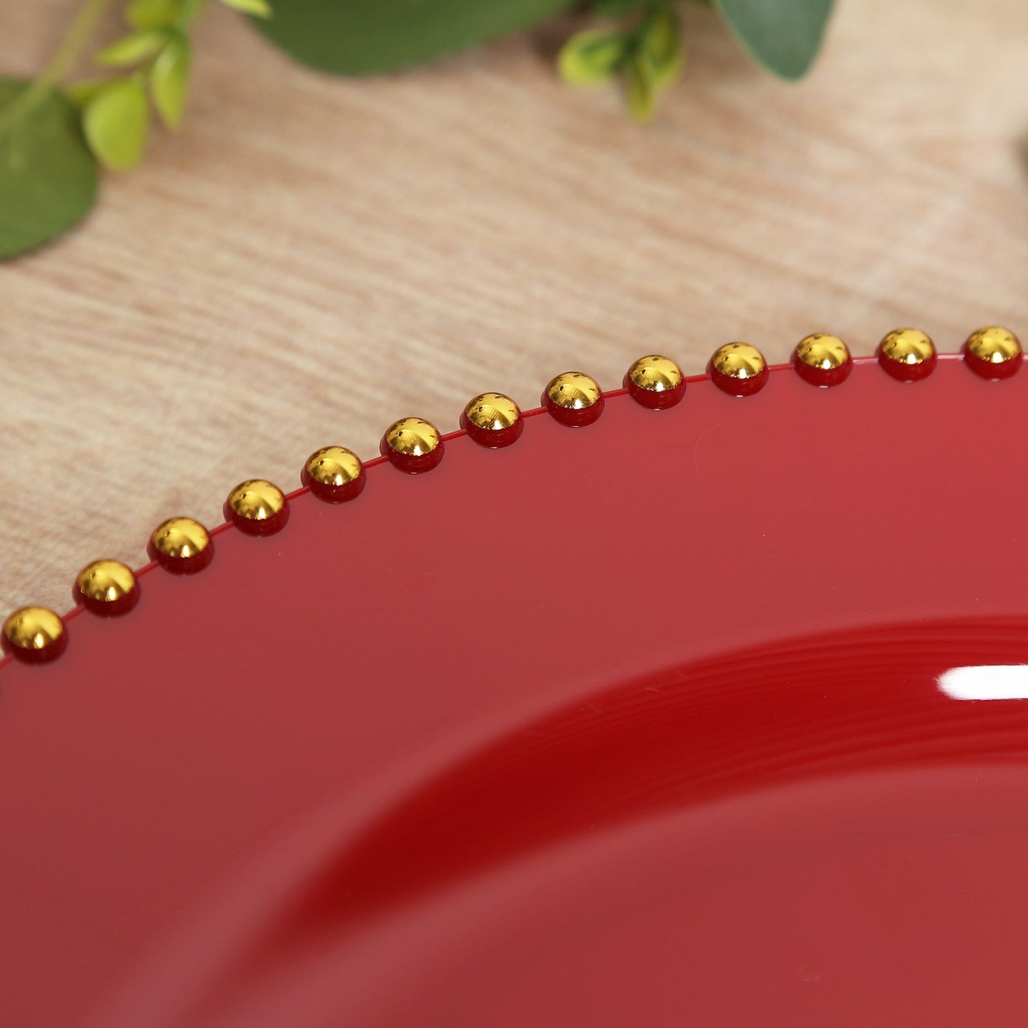 10-Pack Economy Round Plastic Charger Plates 13" in Red with Gold Beaded Rim, Stylish Dinner Party Serving Plates