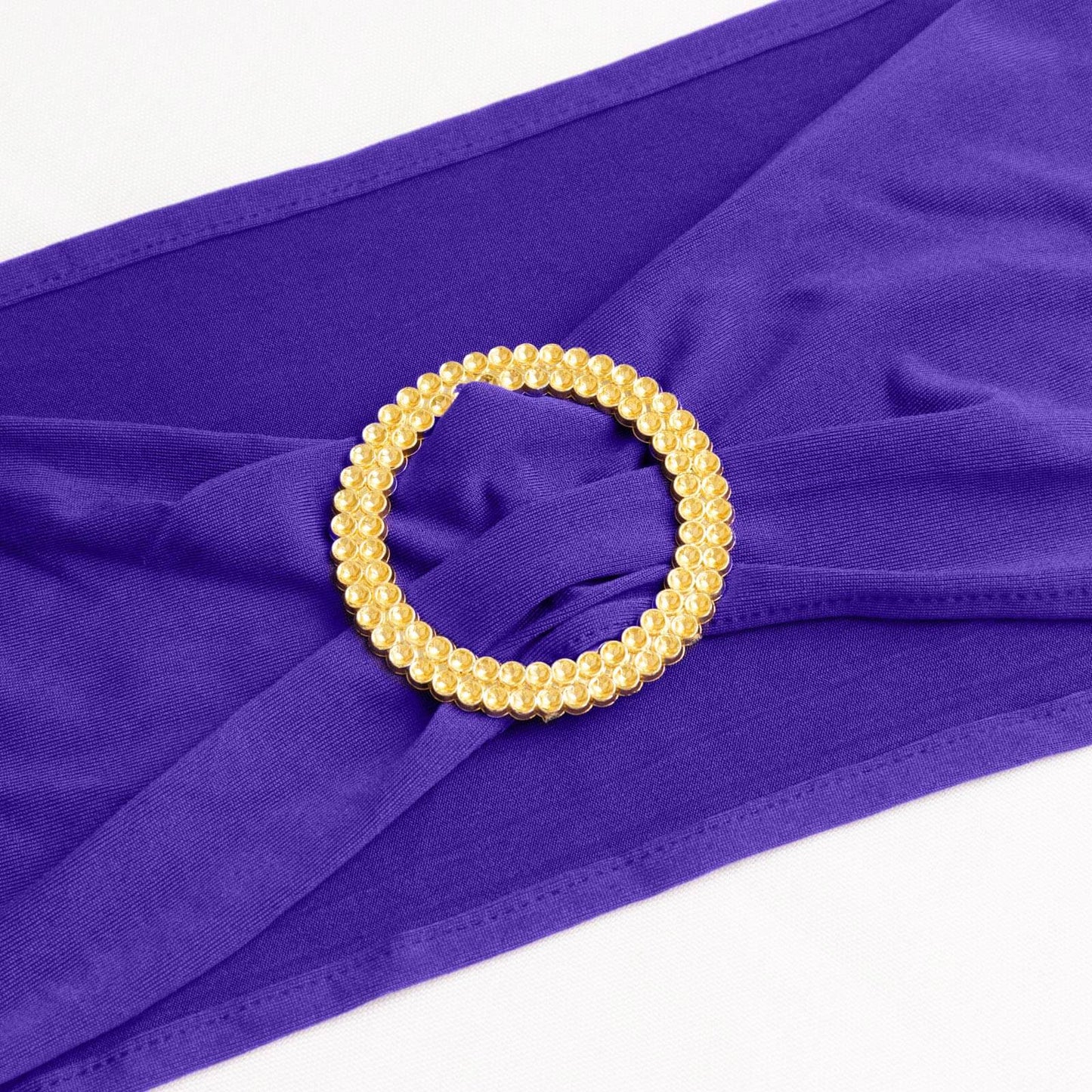 5 Pack Spandex Chair Sashes Purple with Gold Rhinestone Buckles - Reusable Four-Way Stretch Sash Bands 5"x14"
