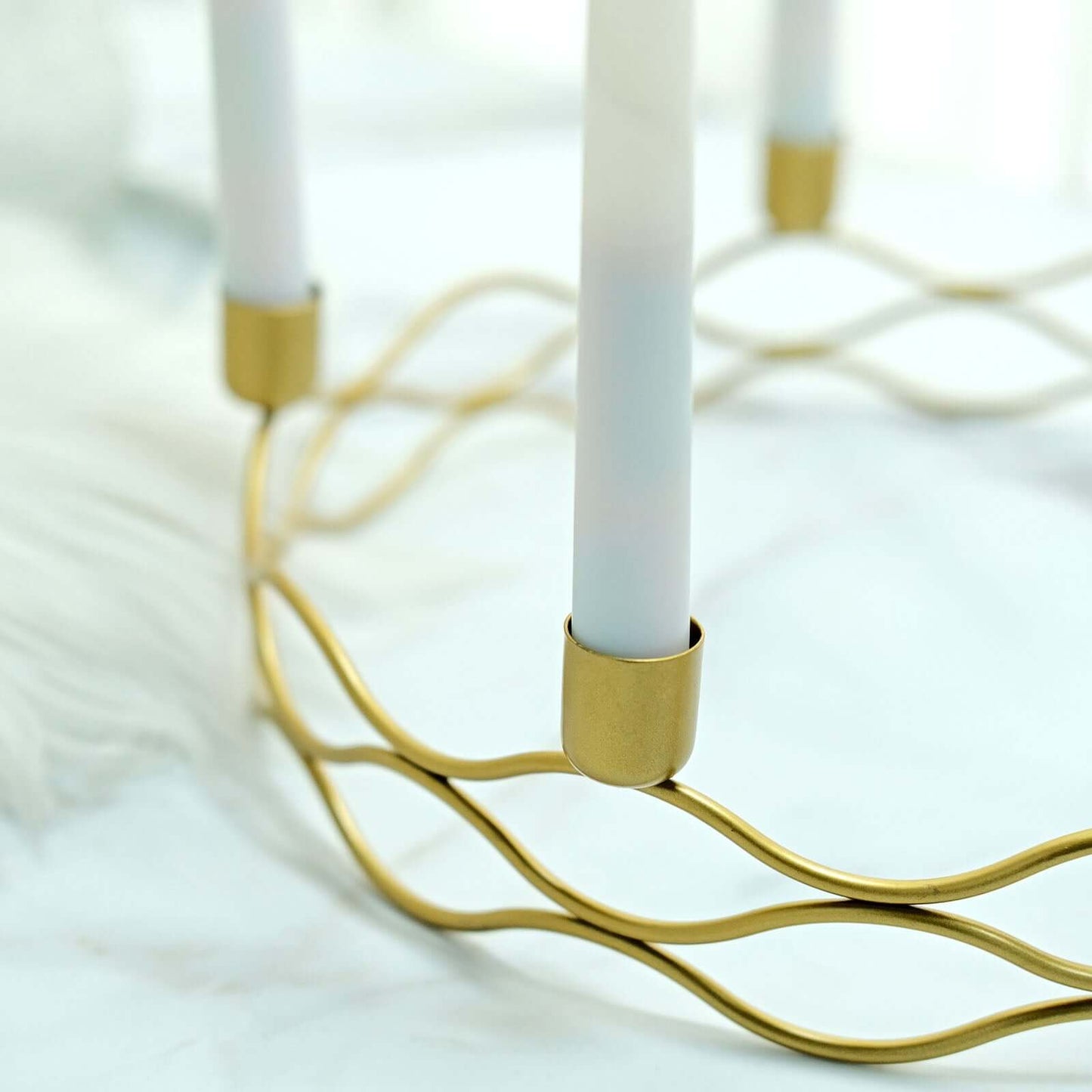 Round Wreath Taper Candelabra 5 Arm Gold Metal Decorative Centerpiece - Tabletop Candle Holder 12"