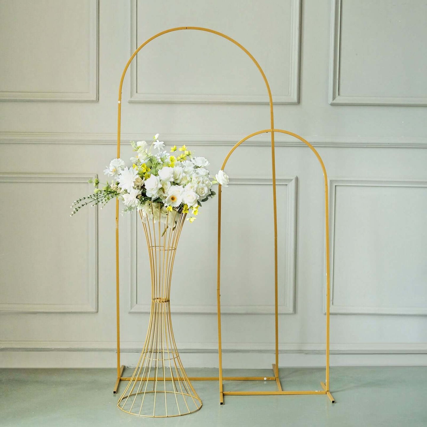 36" Tall Gold Metal Wire Hourglass Flower Frame Stand, Open Frame Reversible Trumpet Centerpiece Stand