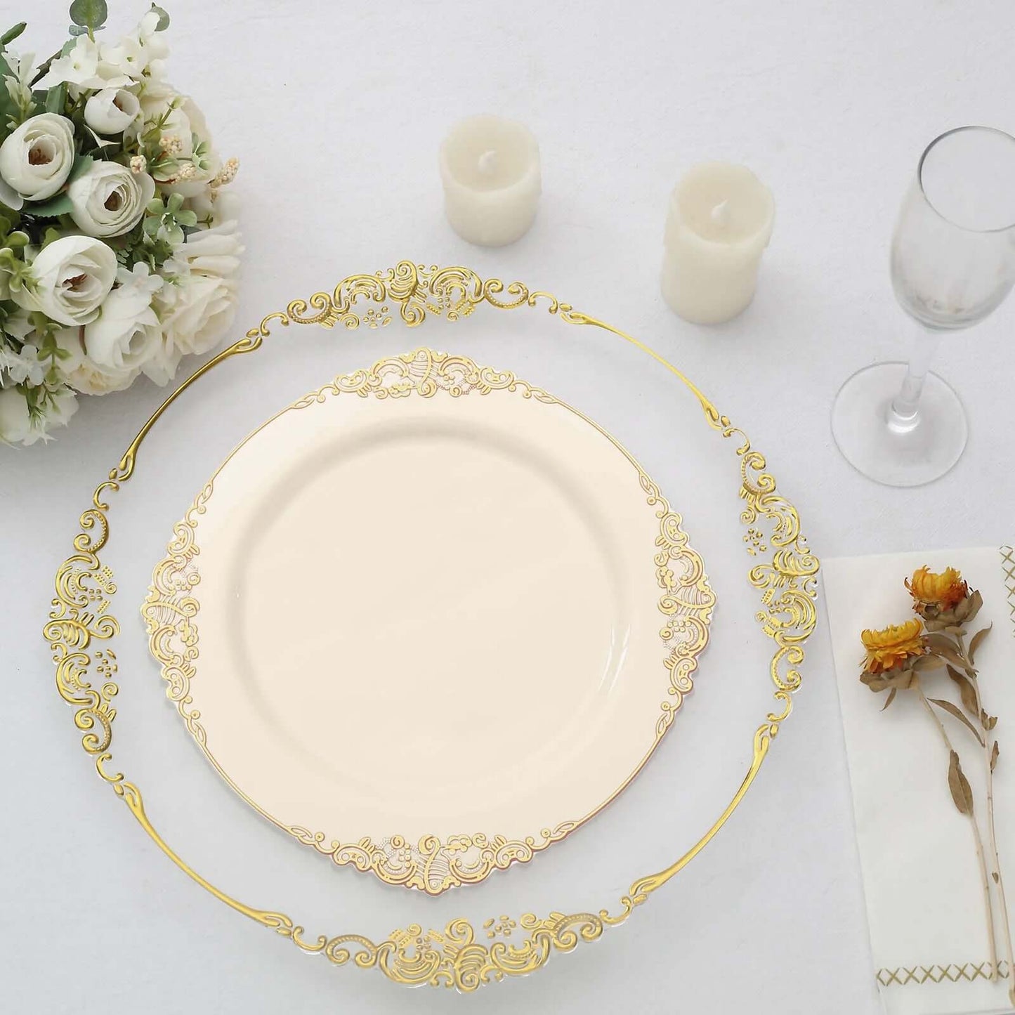10-Pack Plastic 10" Round Dinner Plates in Ivory with Gold Leaf Embossed Rim - Disposable Vintage Baroque Style Plates