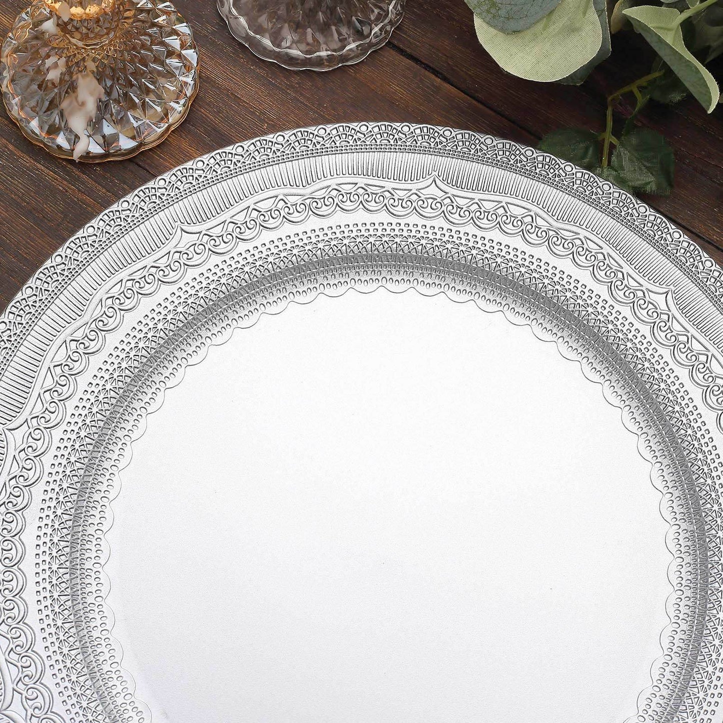 6-Pack Acrylic Round Charger Plates 13" in Silver with Lace Embossed Rim, Rustic Plastic Decorative Charger Tableware
