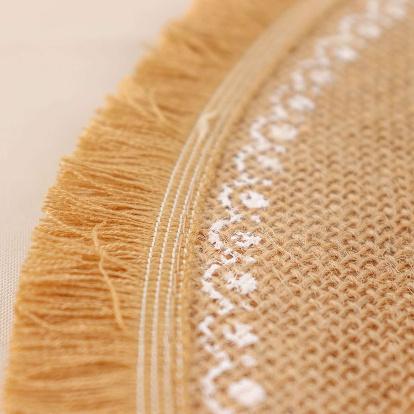 4-Pack Placemats White Embroidery Print Design Natural Jute Fringe Round - Rustic Burlap Woven Style 15"