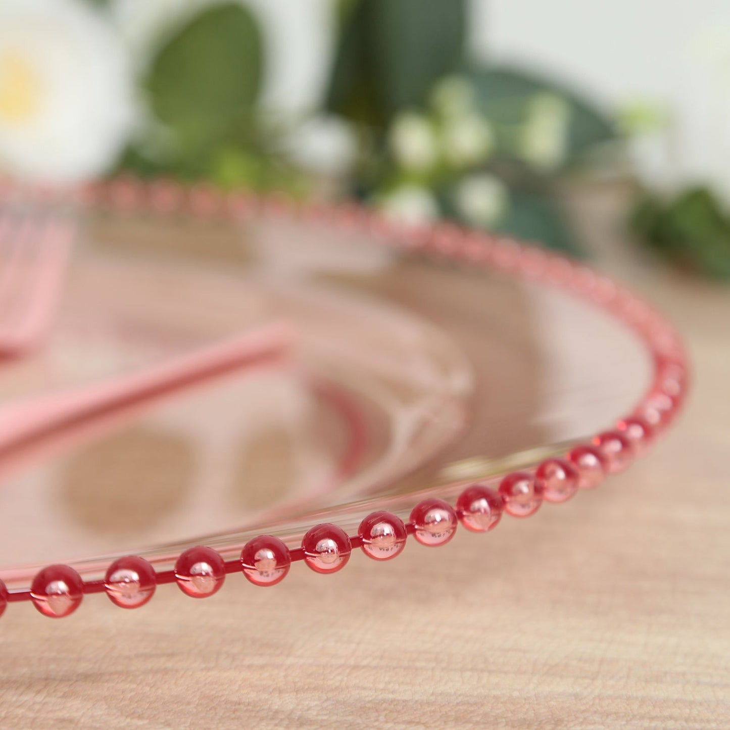 10-Pack Economy Round Plastic Charger Plates 13" in Transparent Blush with Beaded Rim, Stylish Dinner Party Serving Plates