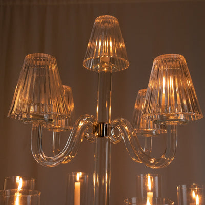 11-Arm Crystal Glass Candelabra â€“ 50" Floor Candle Holder for Taper & Tealight Candles with Empire & Cylinder Lampshades, Perfect for Weddings & Home Decor