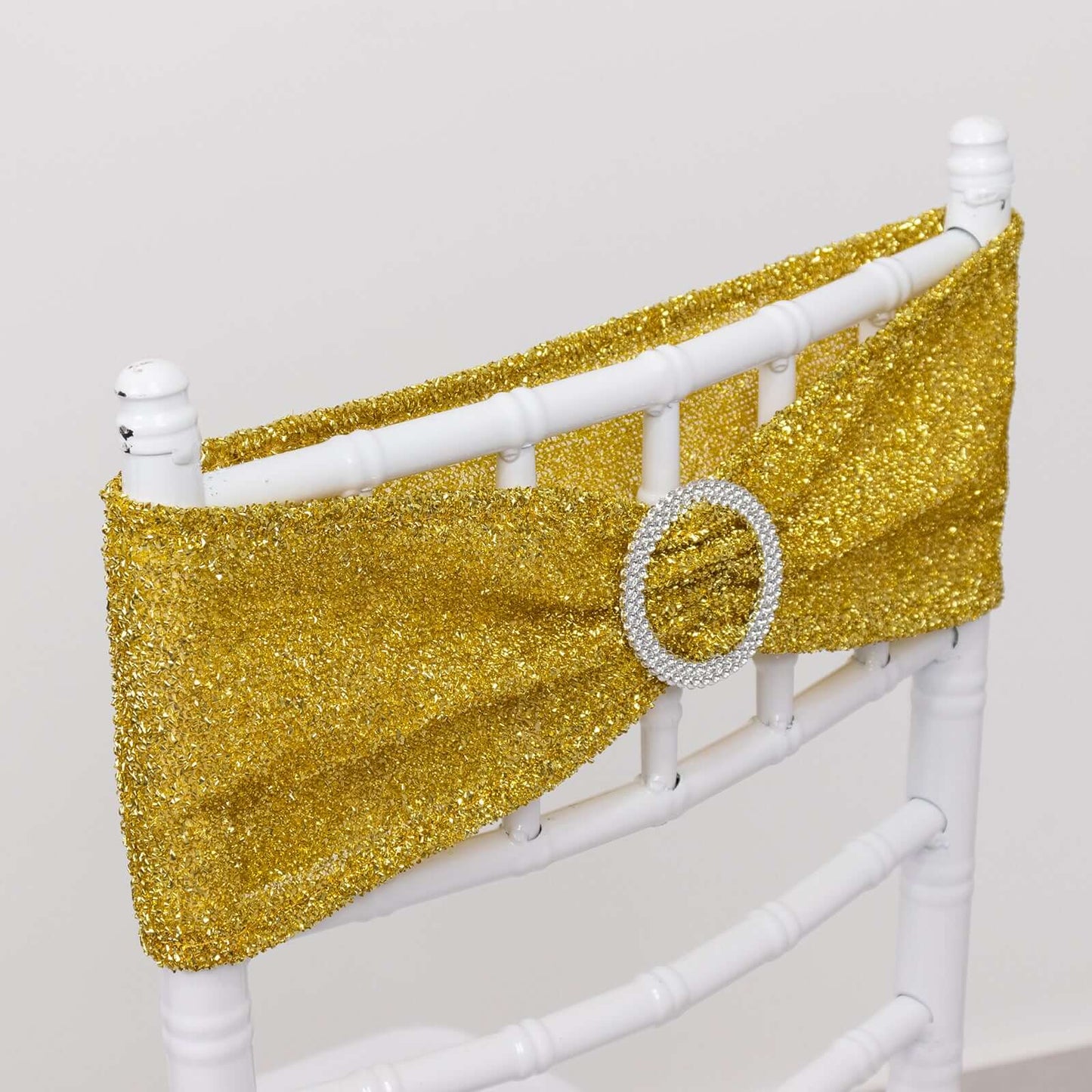 5 Pack Chair Sashes Shimmer Tinsel Spandex 5"x12" with Silver Rhinestone Buckles Gold - Stylish Decor for Weddings