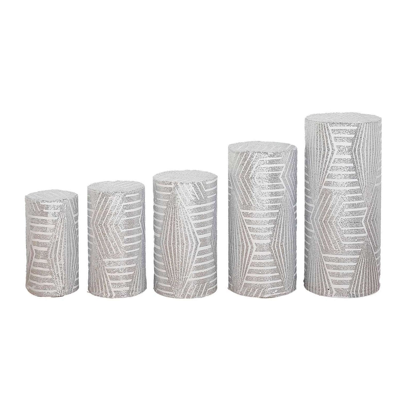 Set of 5 Silver Sequin Mesh Cylinder Pedestal Stand Covers with Geometric Pattern Embroidery, Sparkly Sheer Tulle Pillar Prop Covers