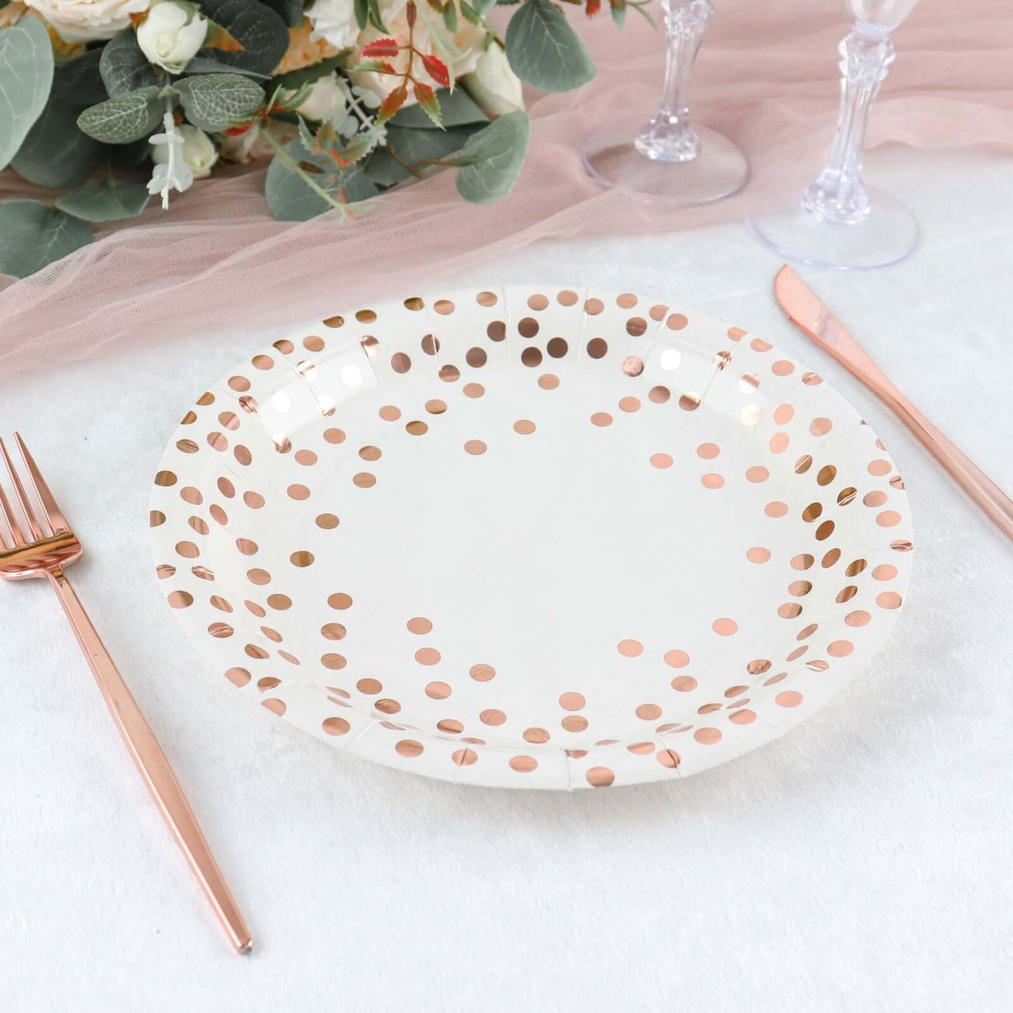 25-Pack Paper Round Dinner Plates 9" White with Metallic Rose Gold Polka Dots - Disposable 300GSM Party Plates for Banquets & Celebrations