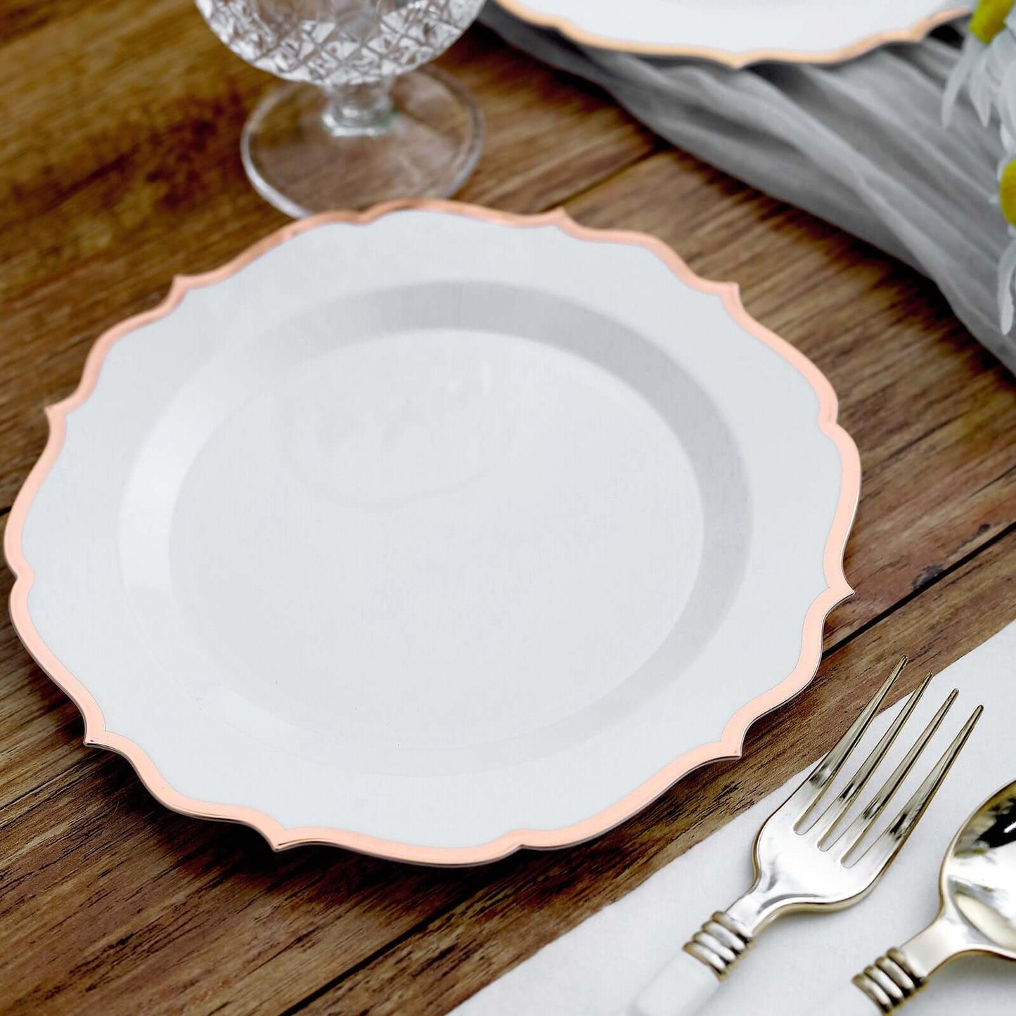 10-Pack Plastic 8" Round Dessert Plates in White with Rose Gold Scalloped Rim - Disposable Appetizer/Salad Plates