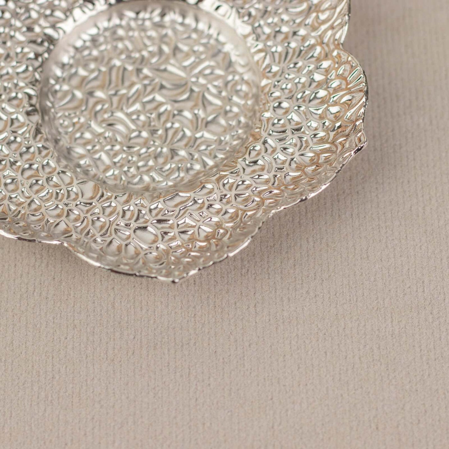 3-Pack Metal Votive Candle Holders Plum Blossom Design Shiny Silver - Vintage Mini Tea Cup Saucers 4"