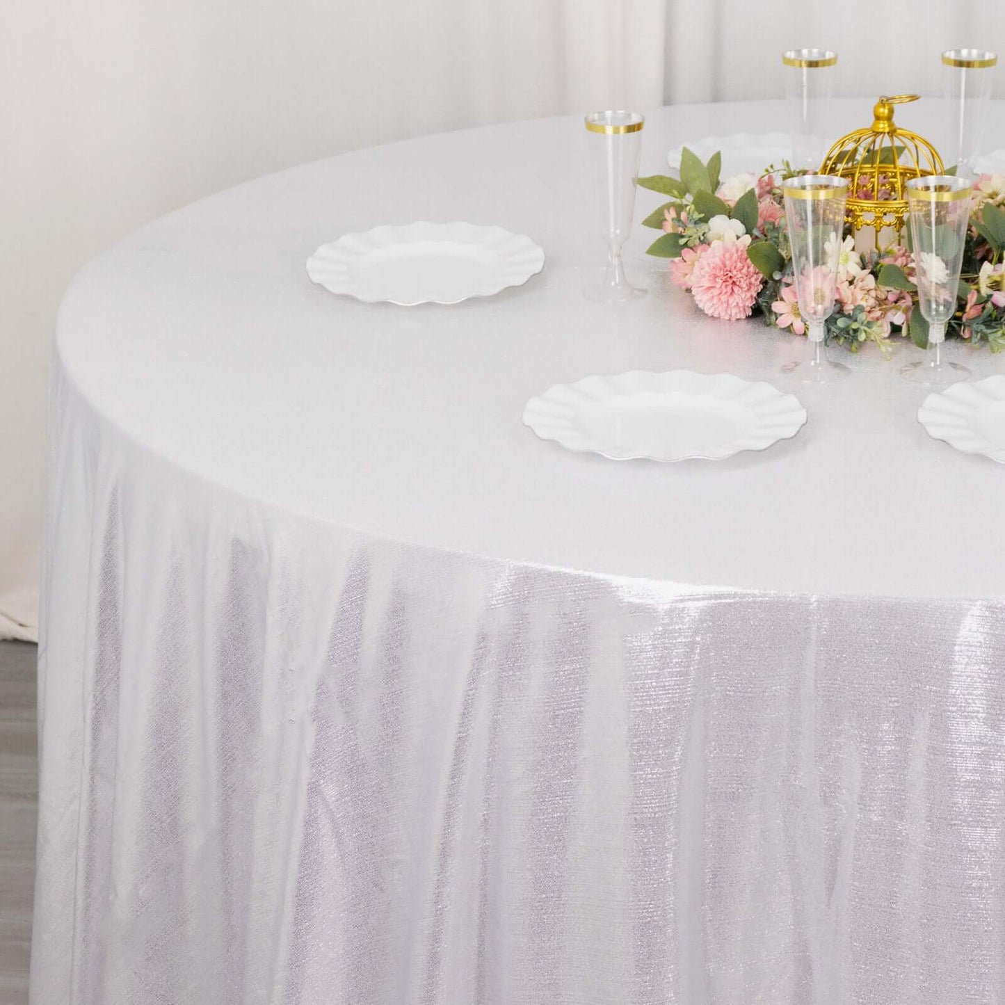 Sequin Dots Polyester Round 120" Tablecloth Shimmering Silver - Wrinkle Free & Sparkling Table Cover