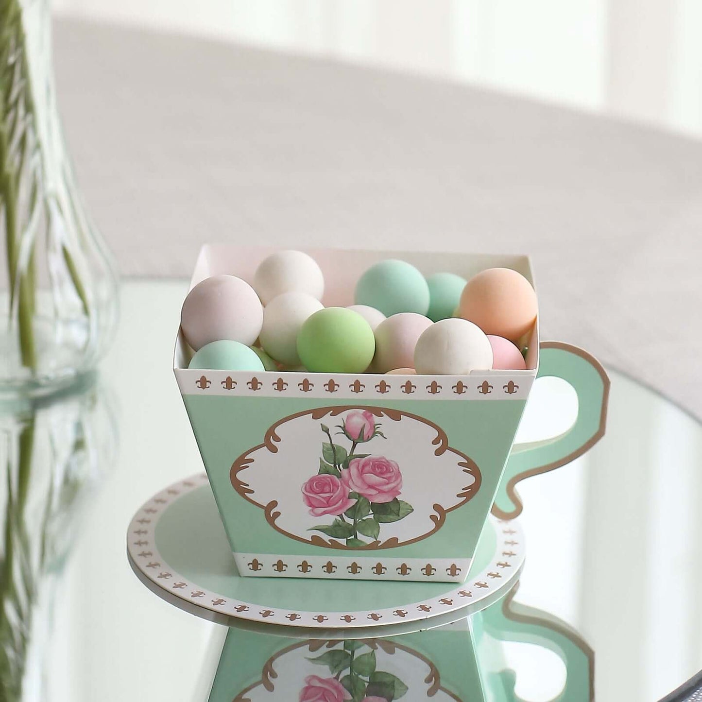 25 Pack Turquoise Mini Teacup and Saucer Party Favor Boxes with Rose Floral Print, Tea Time Candy Boxes - 4"x3"