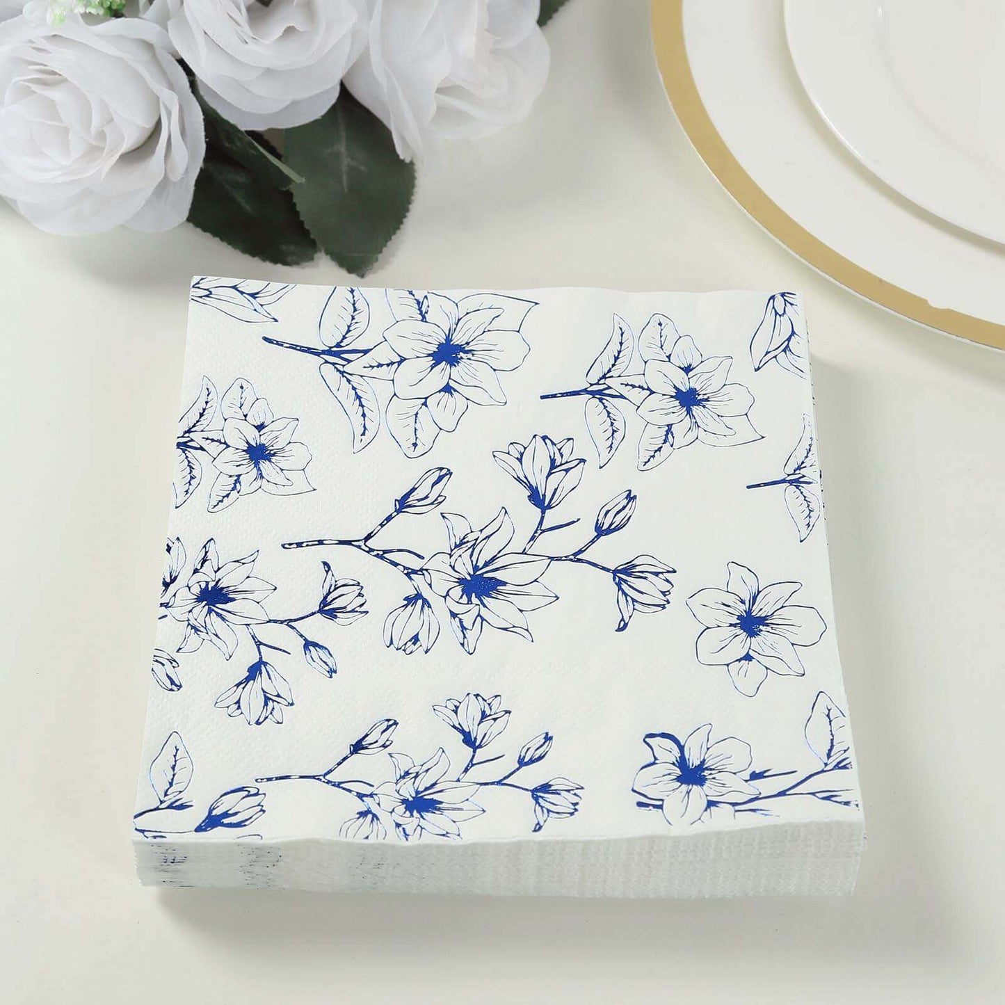 50-Pack Paper Cocktail Napkins with Blue Magnolia Flowers Print White - Highly 2 Ply Absorbent Soft Napkins for Beverages