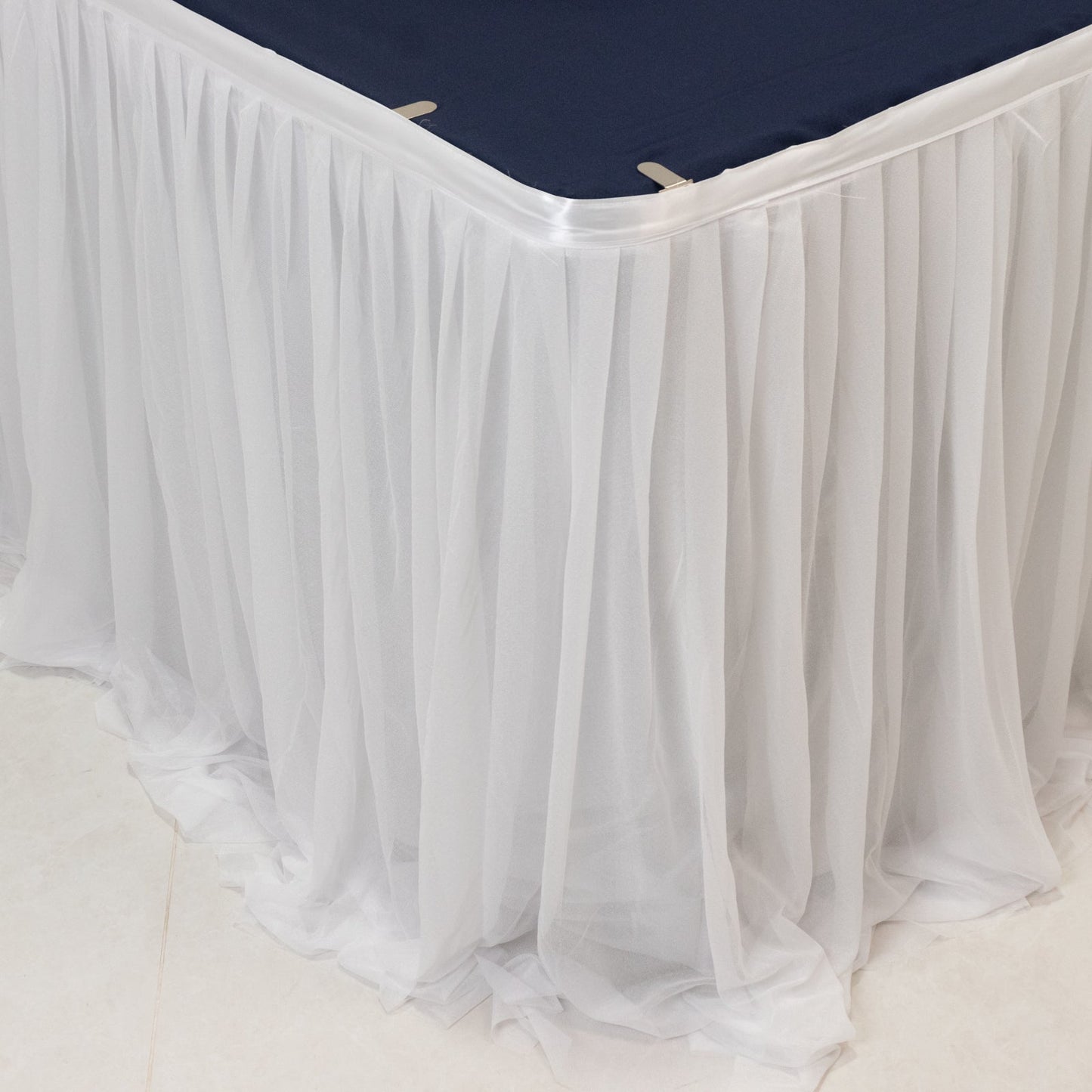 14ft Sheer Pleated Ruffle Skirting Chiffon Table Skirt - White, Shimmer Sheer, Wrinkle-Free Fabric