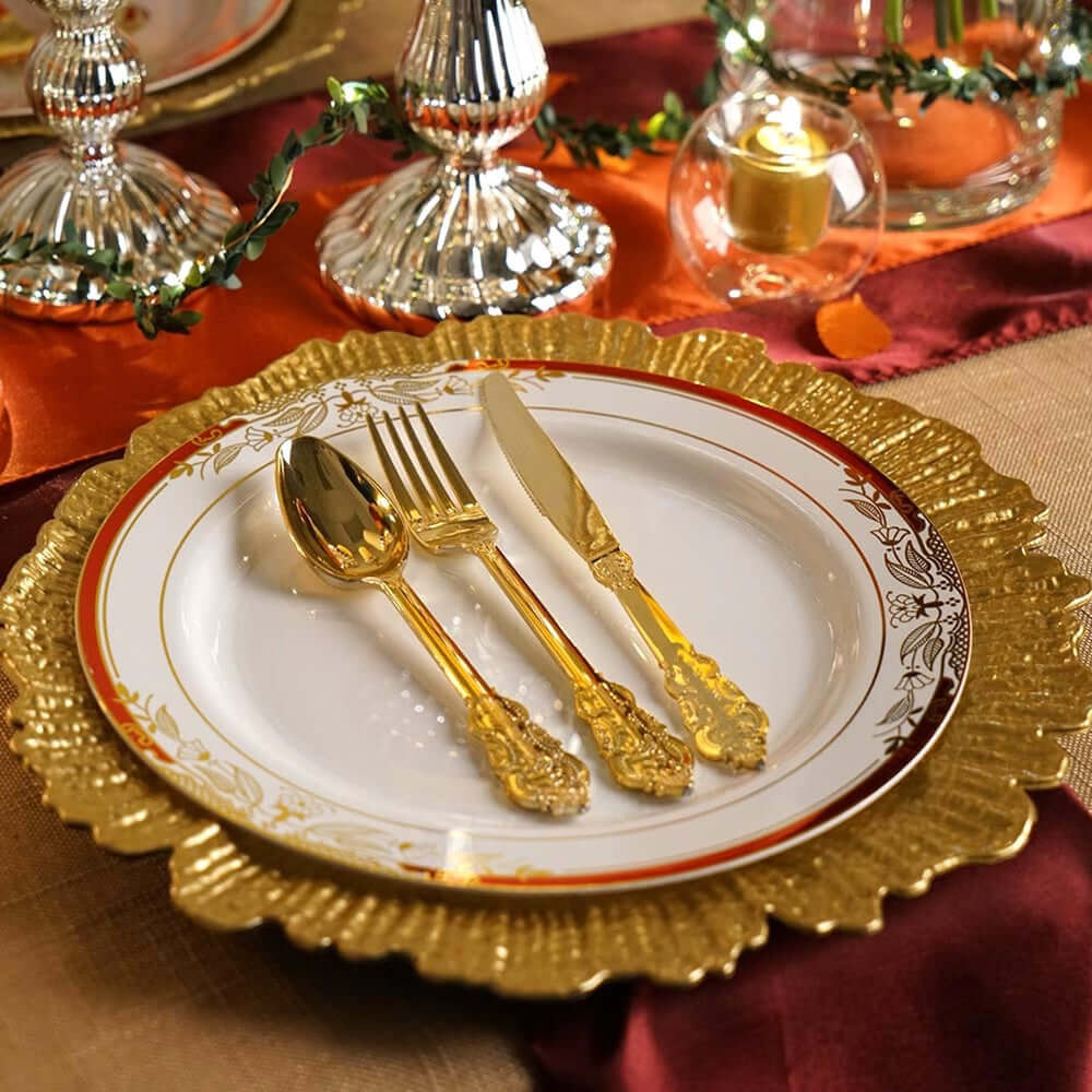 10-Pack Plastic 8" Round Dessert Plates in White with Red Rim - Stylish Gold Vine Design Disposable Salad/Appetizer Plates for Special Occasions & Celebrations