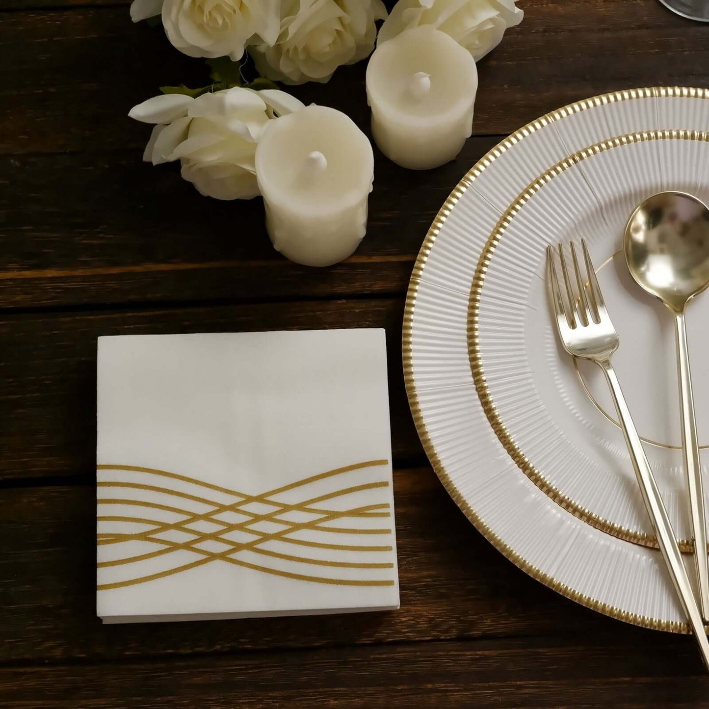 20 Pack Linen-Like Paper 5"x5" Napkins White with Gold Foil Wave Design - Classy Disposable Airlaid Cocktail Napkins