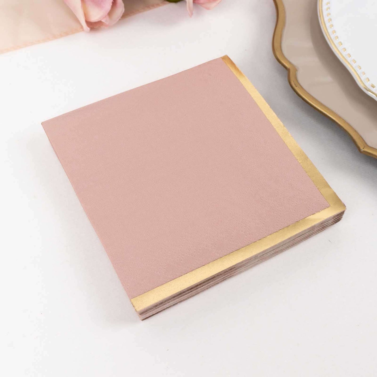 50-Pack Paper Beverage Napkins Dusty Rose with Gold Foil Edge - 2 Ply Disposable Soft 18GSM Cocktail Napkins 5"x5"