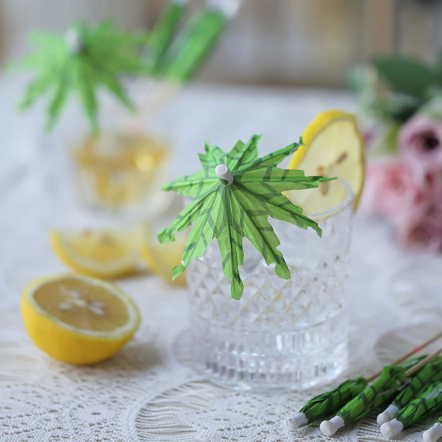 50-Pack Bamboo Cocktail Picks Tropical Leaf Parasol Design Green - Eco Friendly Disposable Drink Stick 6"