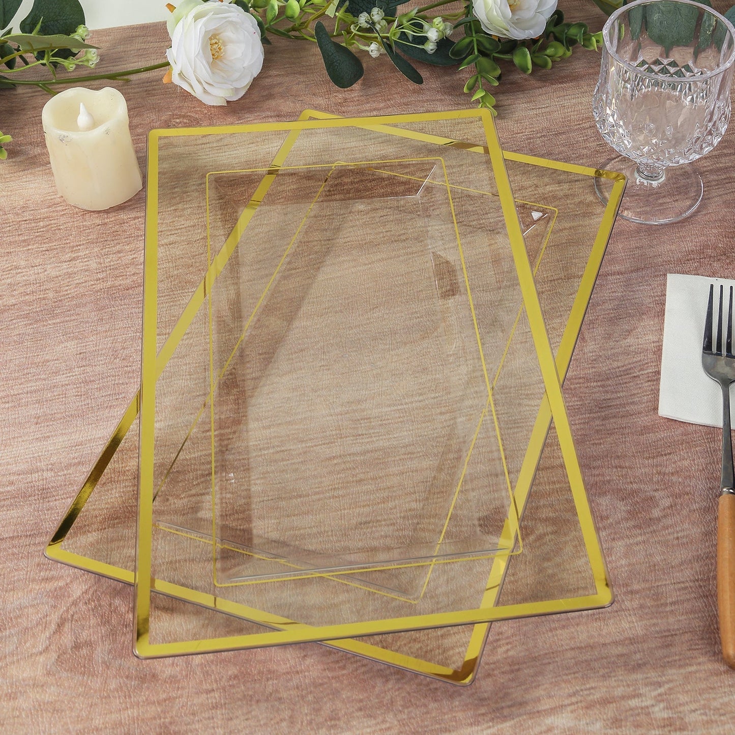 10-Pack Plastic 13"x8" Rectangle Serving Trays Clear with Gold Rim - Durable Reusable Sleek Design for Upscale Events & Parties