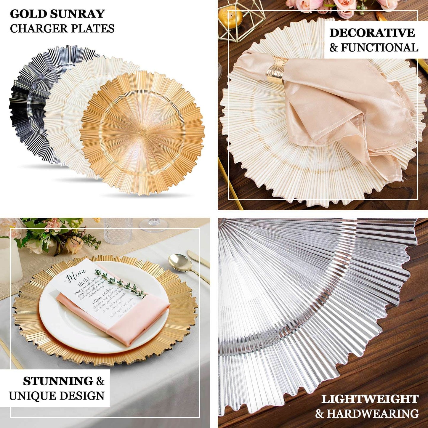 6-Pack Acrylic Plastic Round Charger Plates 13" in Metallic Gold with Sunray Scalloped Rim, Decorative Dinner Party Charger Tableware