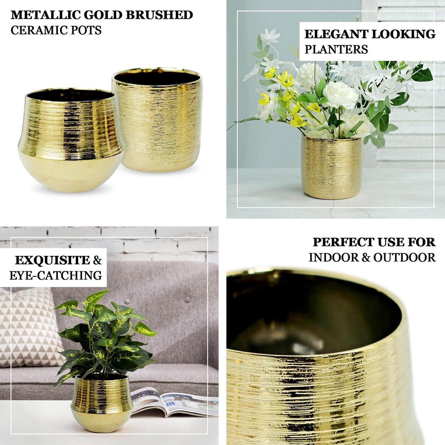 2-Pack Flower Plant Pots Textured Round Design Metallic Gold - Ceramic Cylindrical Indoor Planters 5"