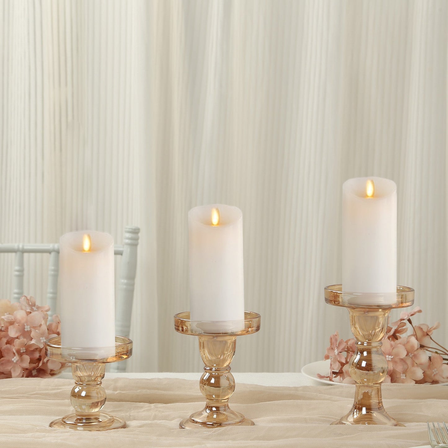 Set of 3 Glass Pillar Candle Holders Amber Gold with Round Tray - Crystal Ball Stem Taper Candlestick Tea Light Stands 3.5", 4.5", 5.5"