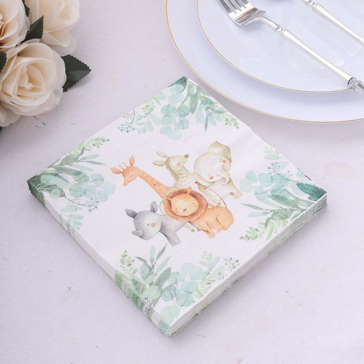 20-Pack Paper Beverage Napkins with Safari Animal Print - Jungle Theme 2 Ply Disposable Party Napkins 6.5"x6.5" 18GSM