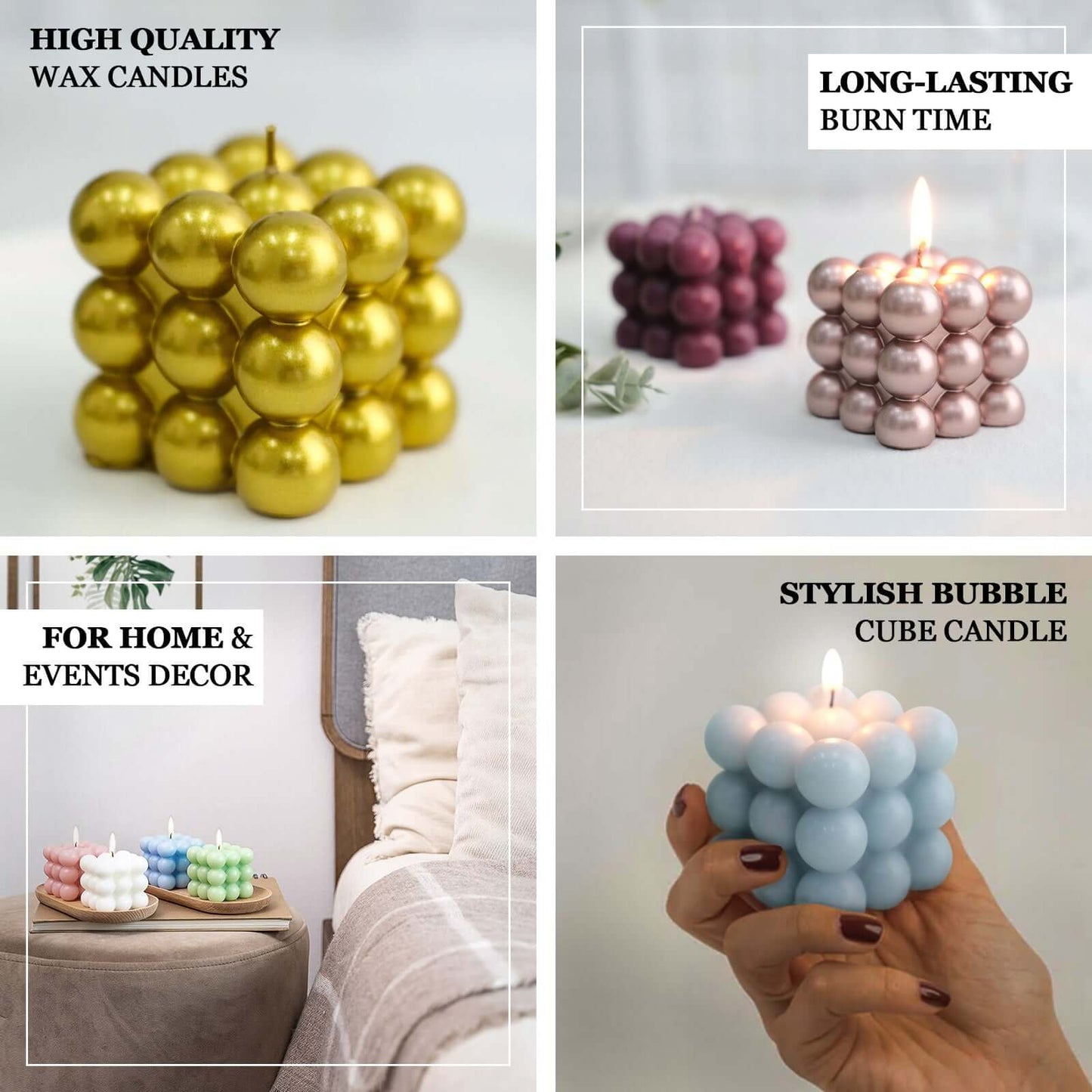 2-Pack Decorative Paraffin Wax Candles Bubble Cube Design Metallic Silver - Unscented Long Burning Pillar Candle Set 2"