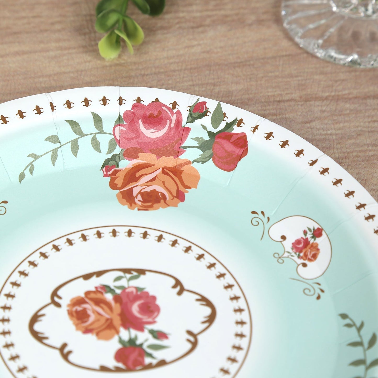 25-Pack Paper 7" Round Dessert Plates in Light Turquoise with Vintage Rose Flower Print - Disposable Appetizer Salad Plates