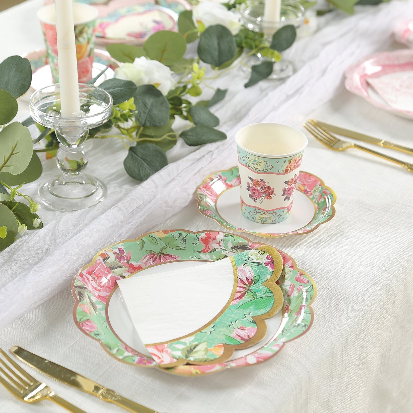 48-Pack Round Paper Cocktail Napkins with Vintage Floral Mixed Design and Scalloped Edges - Soft 2 Ply Disposable Napkins 6.25"x6.25"