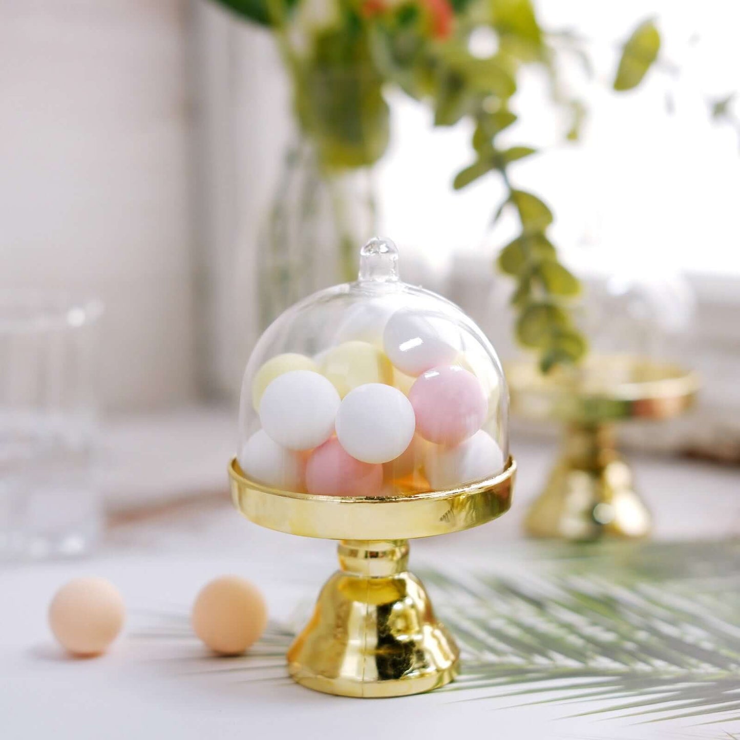 12-Pack Fillable Mini Pedestal Candy Container Clear/Gold - Decorative Candy Treat Favor Boxes with Dome Lid 4"