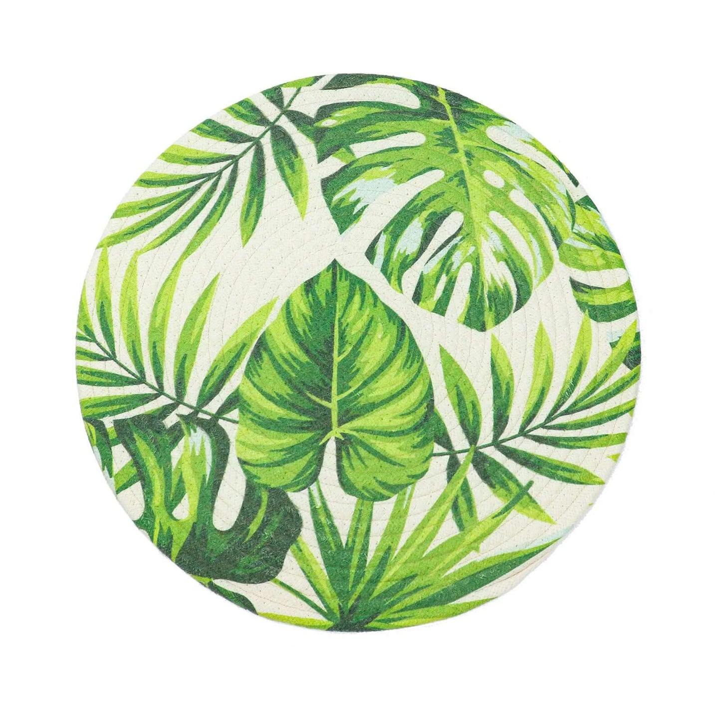 4-Pack Table Placemats Tropical Leaf Design Green Cotton Round - Woven Indoor/Outdoor Dining Mats 15"