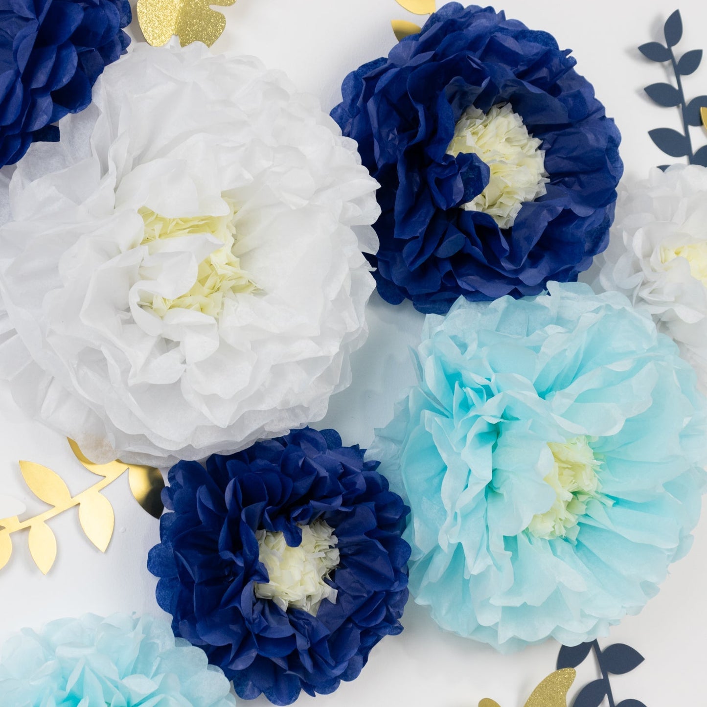 Set of 21 Tissue Paper Flowers Pom Poms Decor Kit â€“ White Blue 3D Chrysanth Floral Wall Decor with Butterflies & Olive Leaves - 8",10",12"
