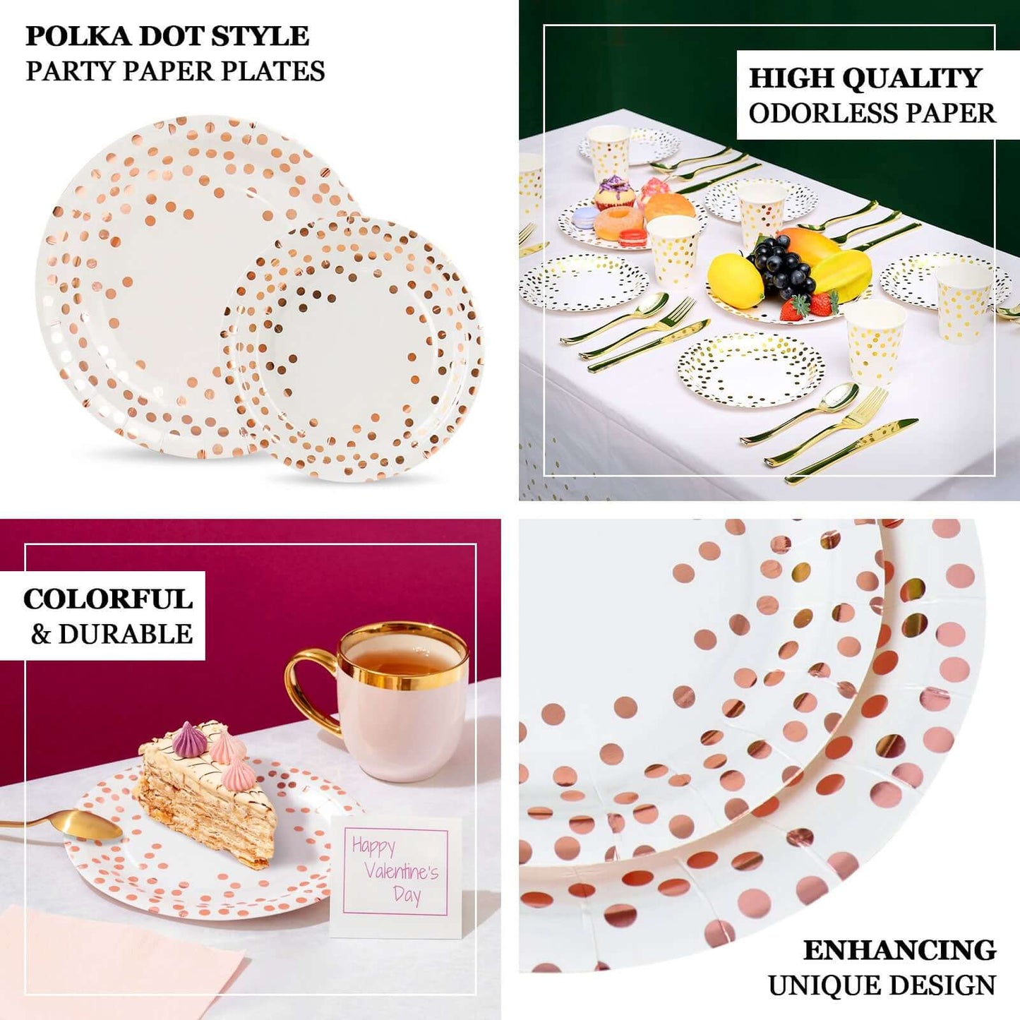 25-Pack Paper Round Dinner Plates 9" White with Metallic Rose Gold Polka Dots - Disposable 300GSM Party Plates for Banquets & Celebrations