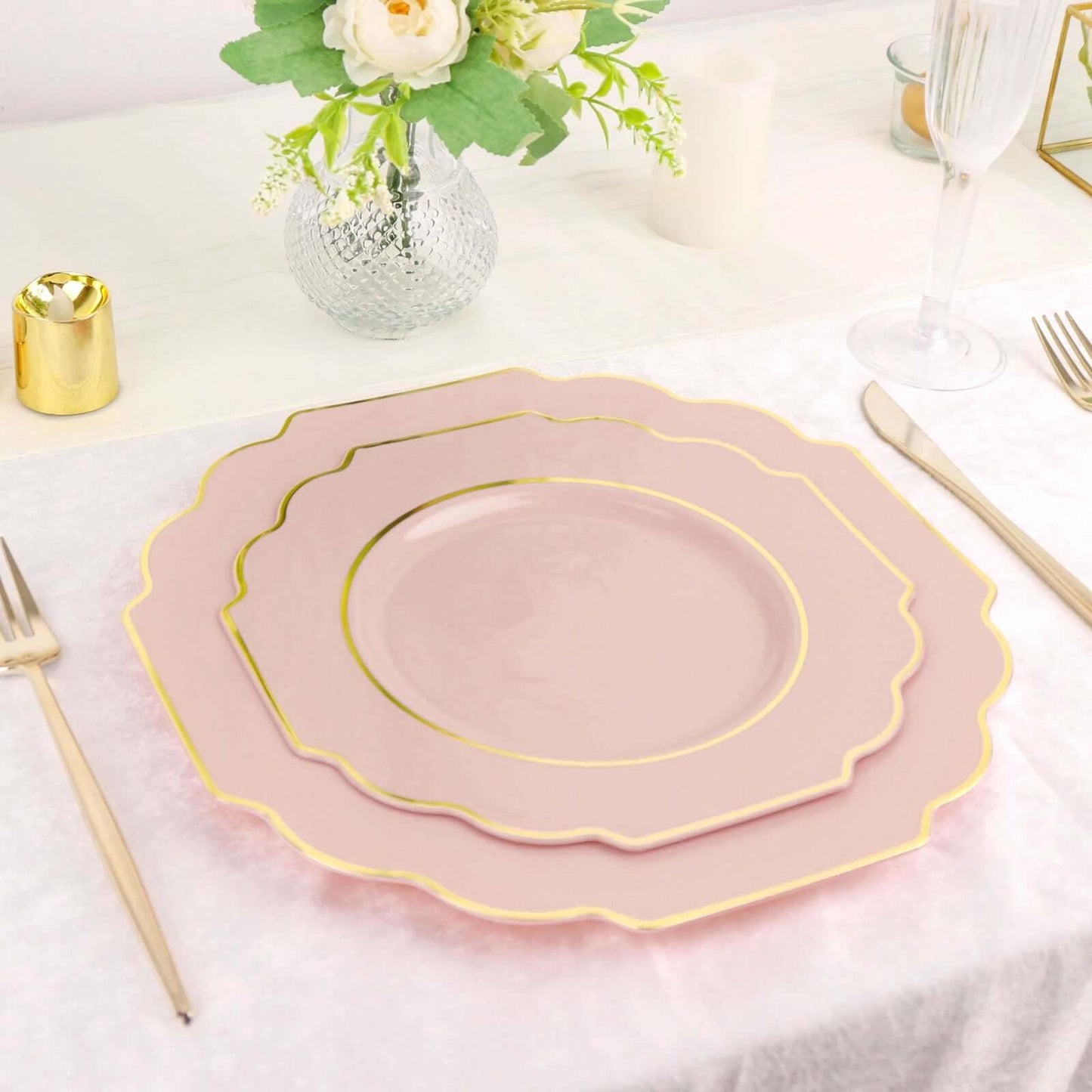 10-Pack Plastic Dessert Appetizer Plates in Blush Baroque Design with Scalloped Gold Rim - Heavy Duty Disposable Salad Plates 8"