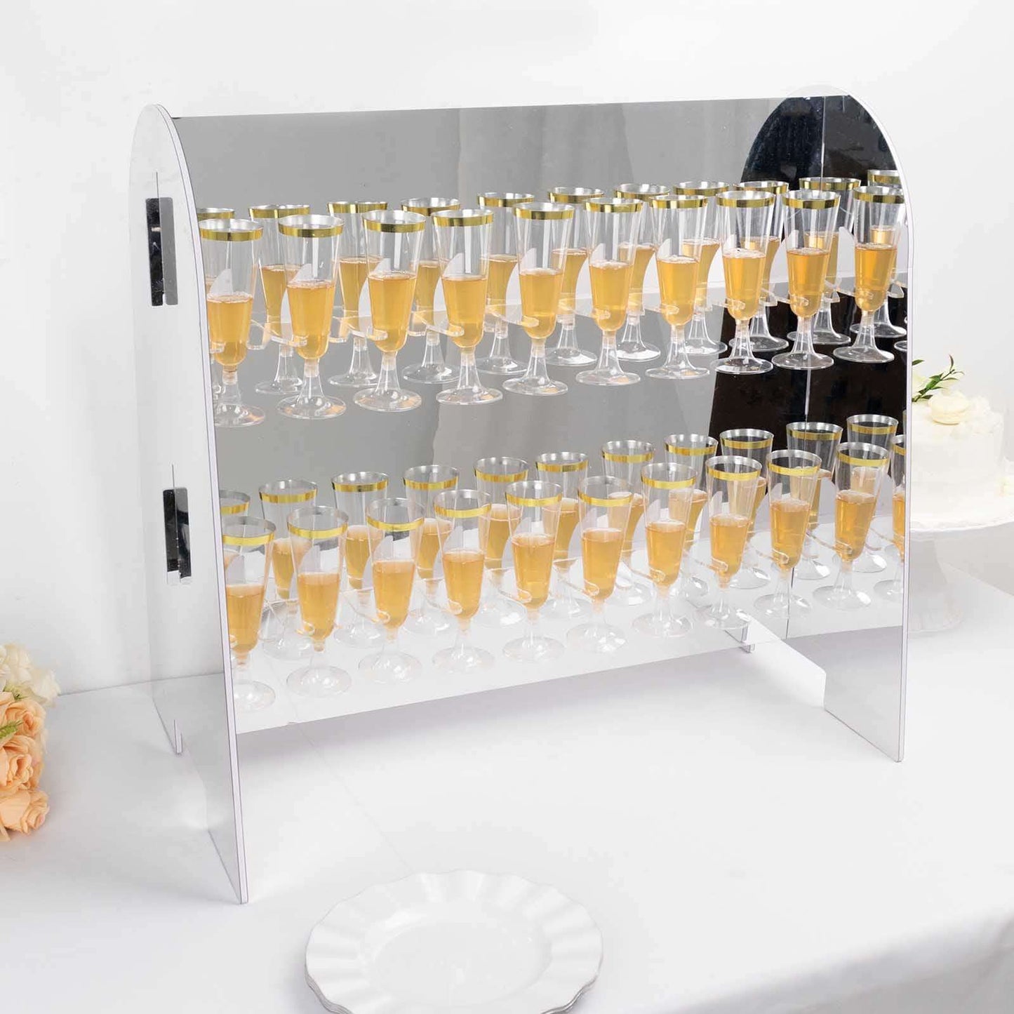2-Tier Champagne Glass Holder Display Stand Table Top in Silver Mirror Finish - Modern Stemware Rack Cocktail Drink Holder with 18 Hooks for Events & DIY Bars 25"