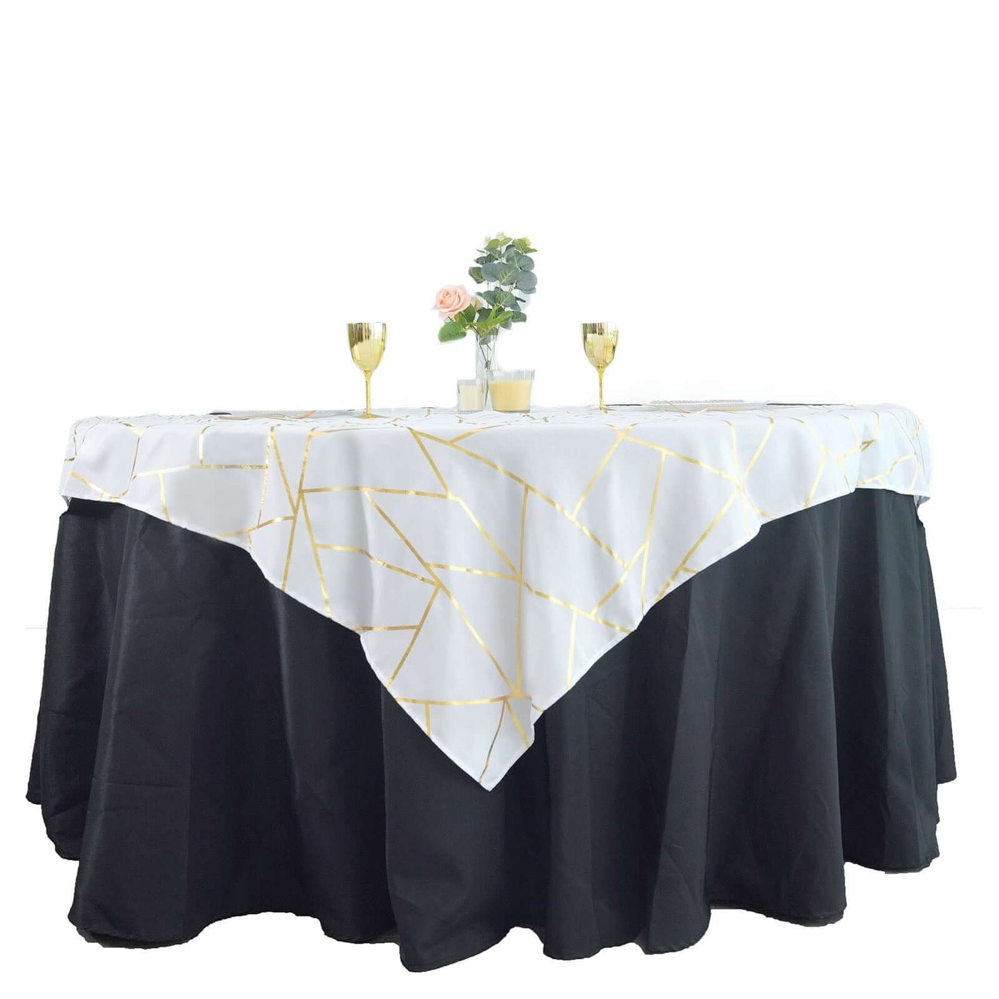 Polyester 54"x54" Table Overlay Square Tablecloth White with Gold Foil Geometric Pattern - Wrinkle-Resistant & Durable for Stylish Settings