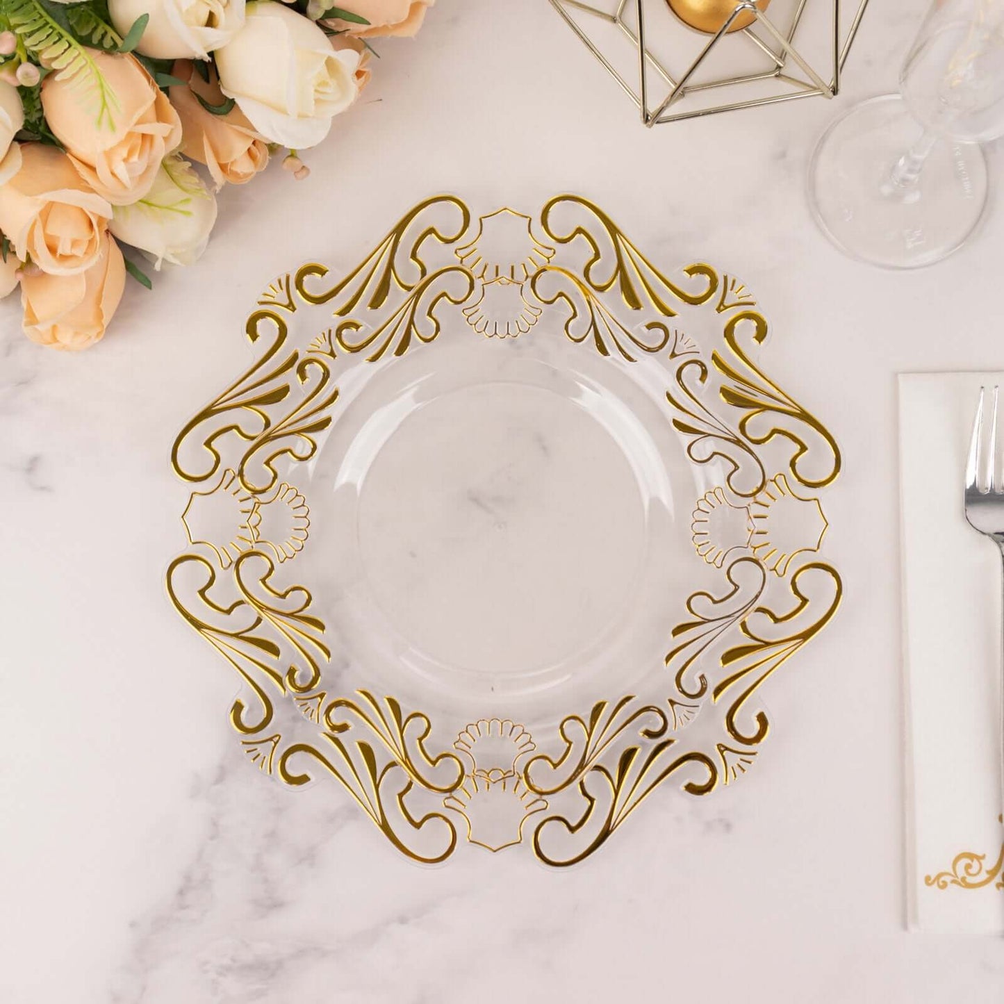 10-Pack Plastic 8" Round Dessert Plates in Clear with Gold Vintage Baroque Scalloped Rim - European Style Disposable Salad Appetizer Plates