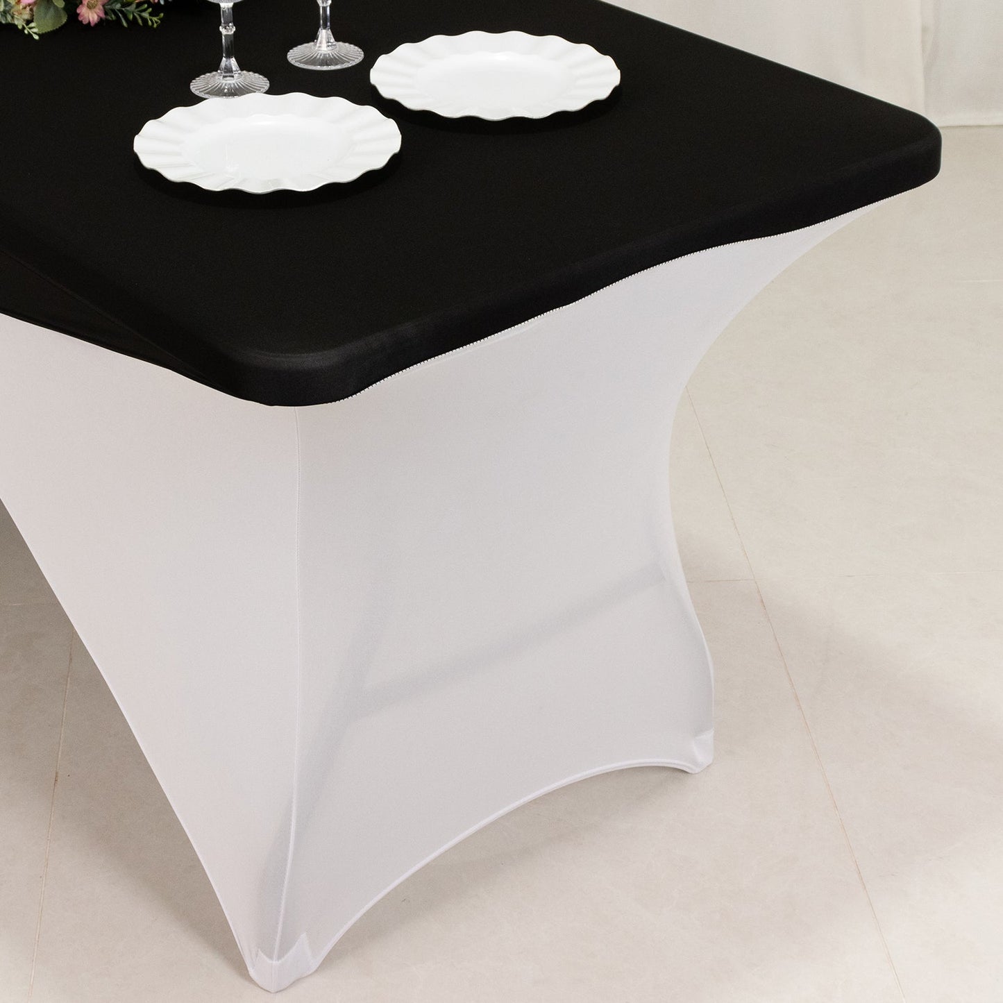 Stretch Spandex 72"x30" Rectangle Table Cover Black/White Cross Over Design - Versatile & Sleek Two-Piece Fitted Tablecloth with Elastic Foot Pockets