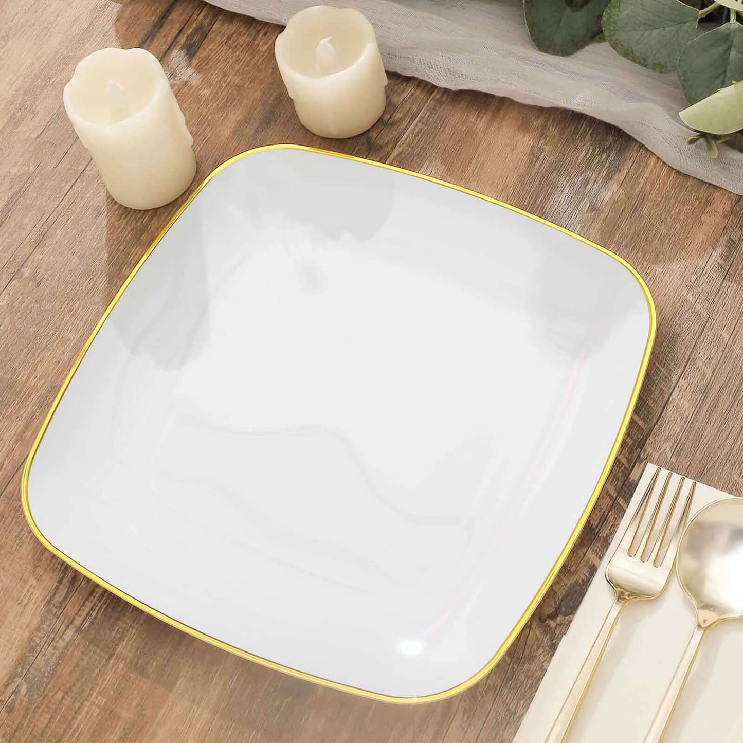 10-Pack Plastic 10" Square Dinner Plates in White with Gold Rim - Classy Disposable Lunch Party Plates for Weddings & Special Events