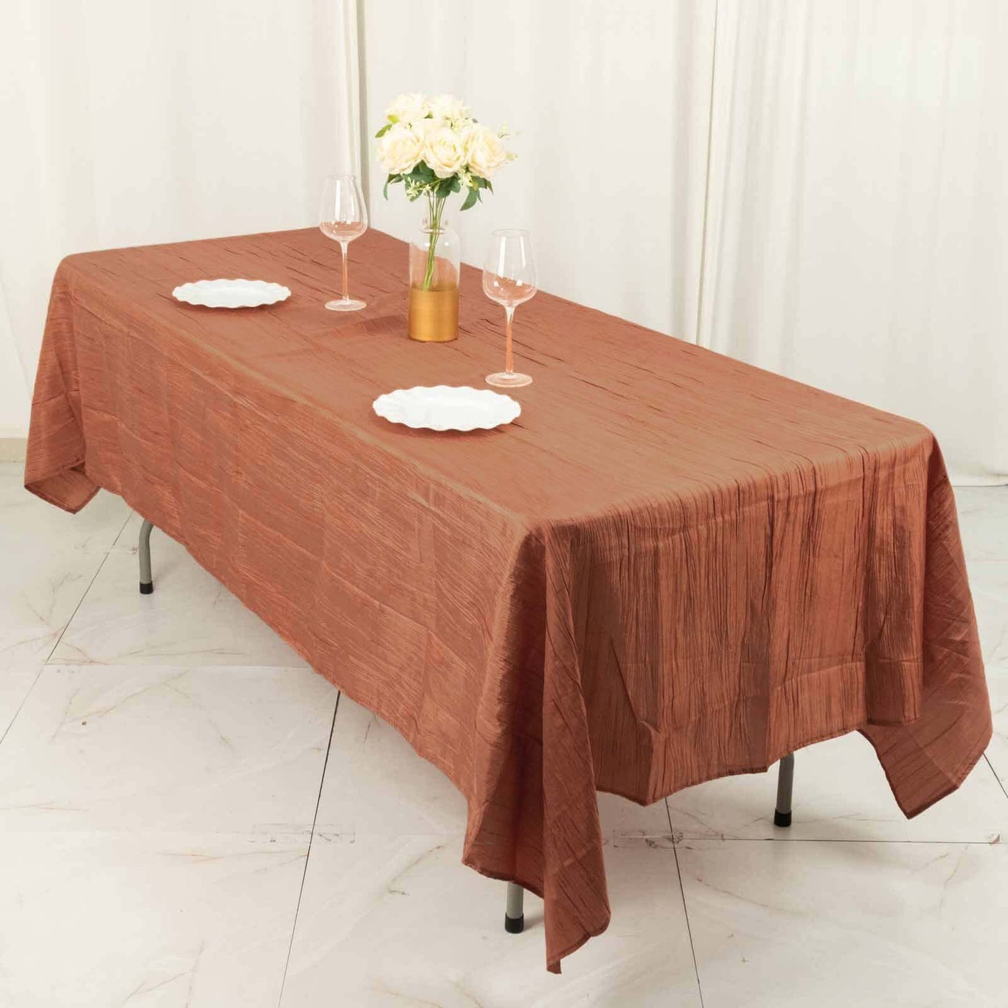 Taffeta 60"x102" Rectangle Tablecloth Terracotta (Rust) - Accordion Crinkle Table Cover