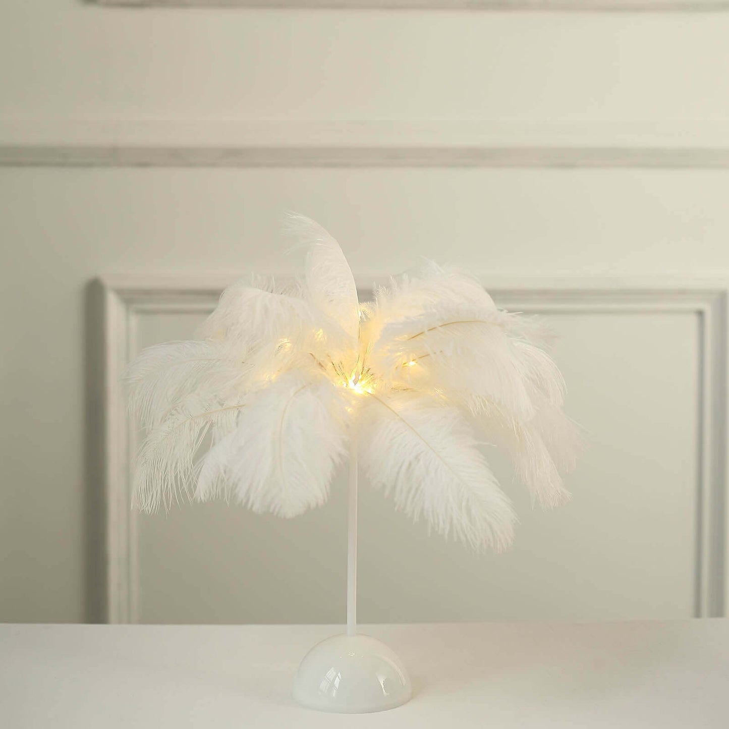 Table Lamp Ostrich Feather Design White LED Battery Operated - Cordless Wedding Centerpiece 15"