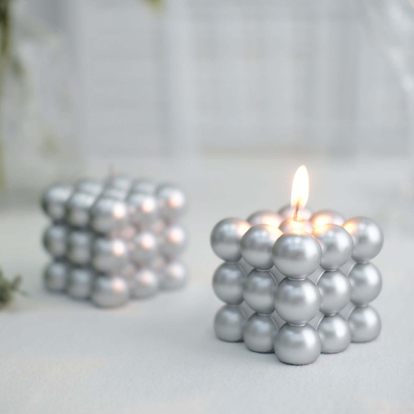 2-Pack Decorative Paraffin Wax Candles Bubble Cube Design Metallic Silver - Unscented Long Burning Pillar Candle Set 2"