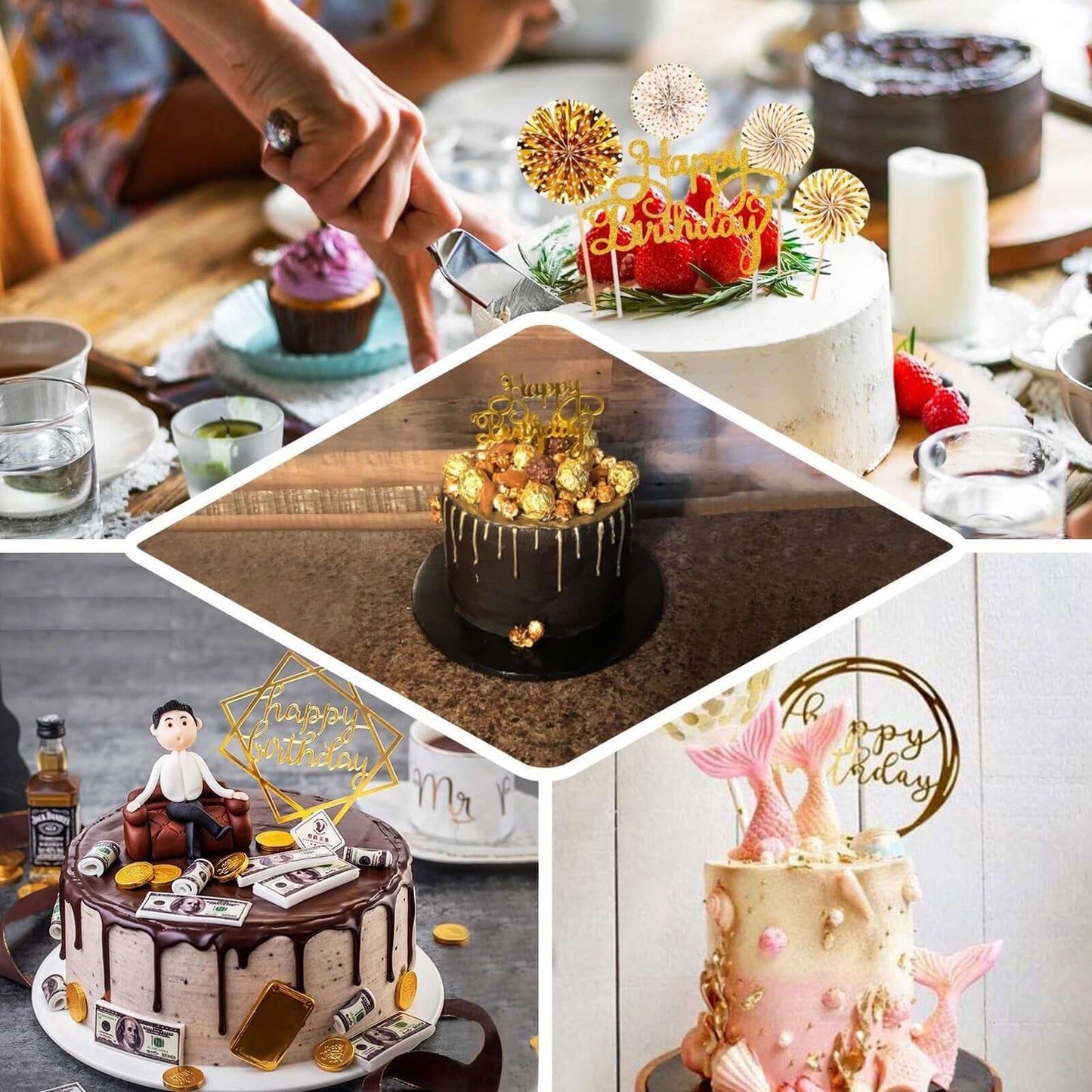 6 Pcs Happy Birthday Cake Topper Silver/Gold - Fun Cake Decoration with 4 Mini Paper Fans & Confetti Balloon for Themed Parties & Special Occasions