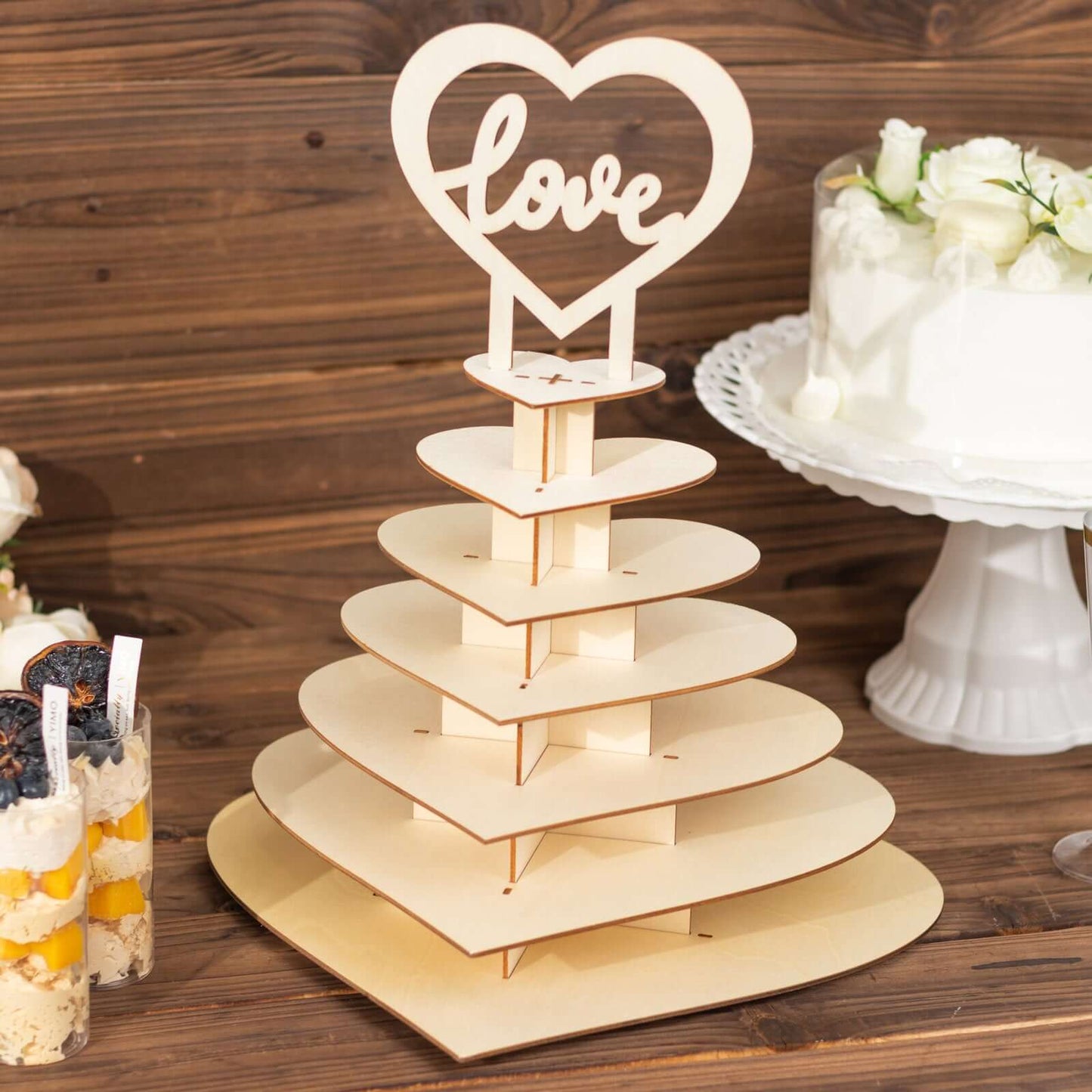 7-Tier Wooden Chocolate Display Stand Heart Shape Natural with "Love" Topper - DIY Dessert Table Tower Rack 16"