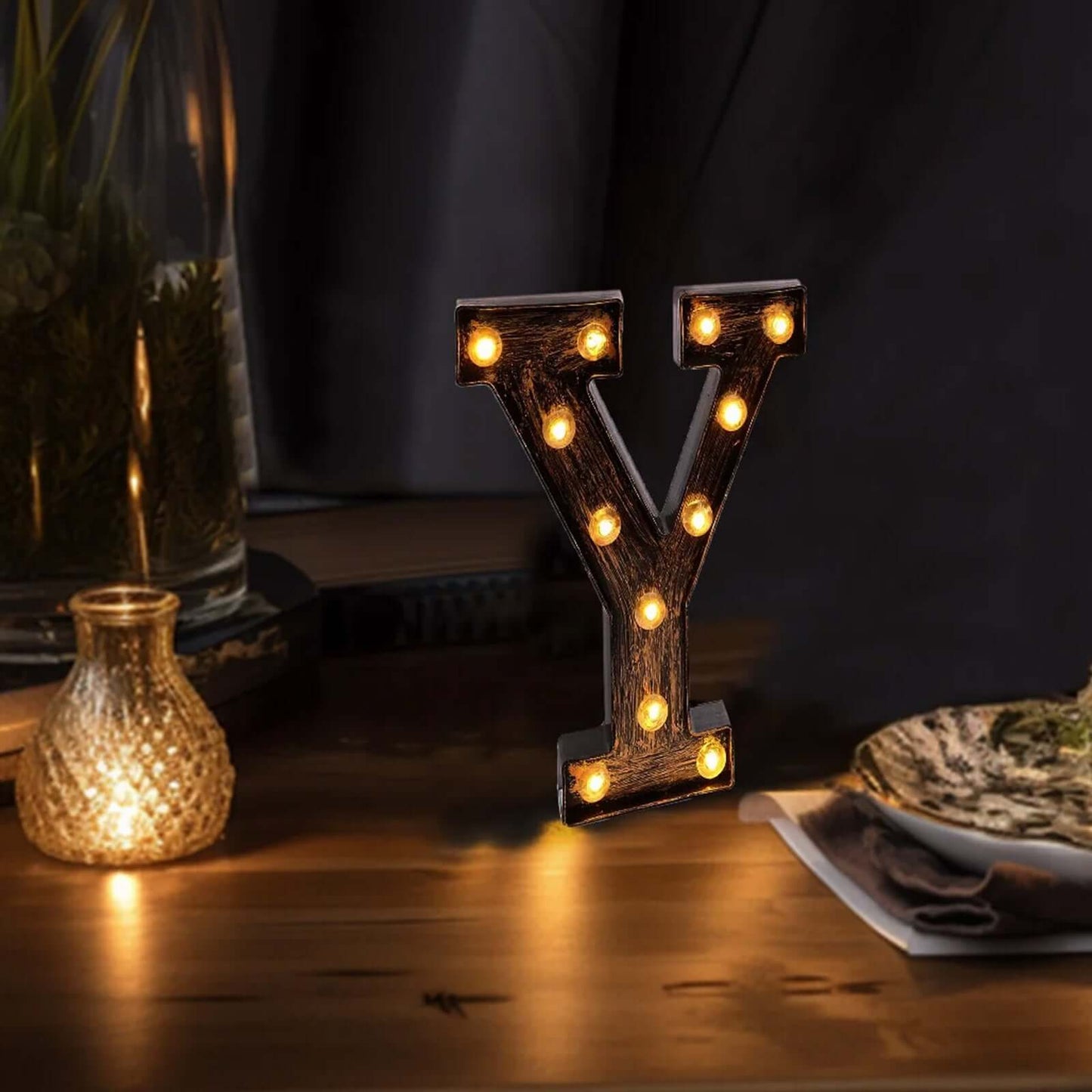 LED Marquee Letter "Y" Industrial Style Antique Black - Light-Up Alphabet Sign for Weddings & Displays 9"