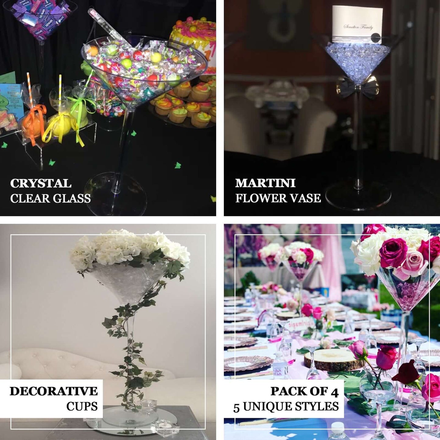 4-Pack Plastic Flower Vases Martini Glass Design Clear - Fillable Long Stem Event Centerpieces 18"