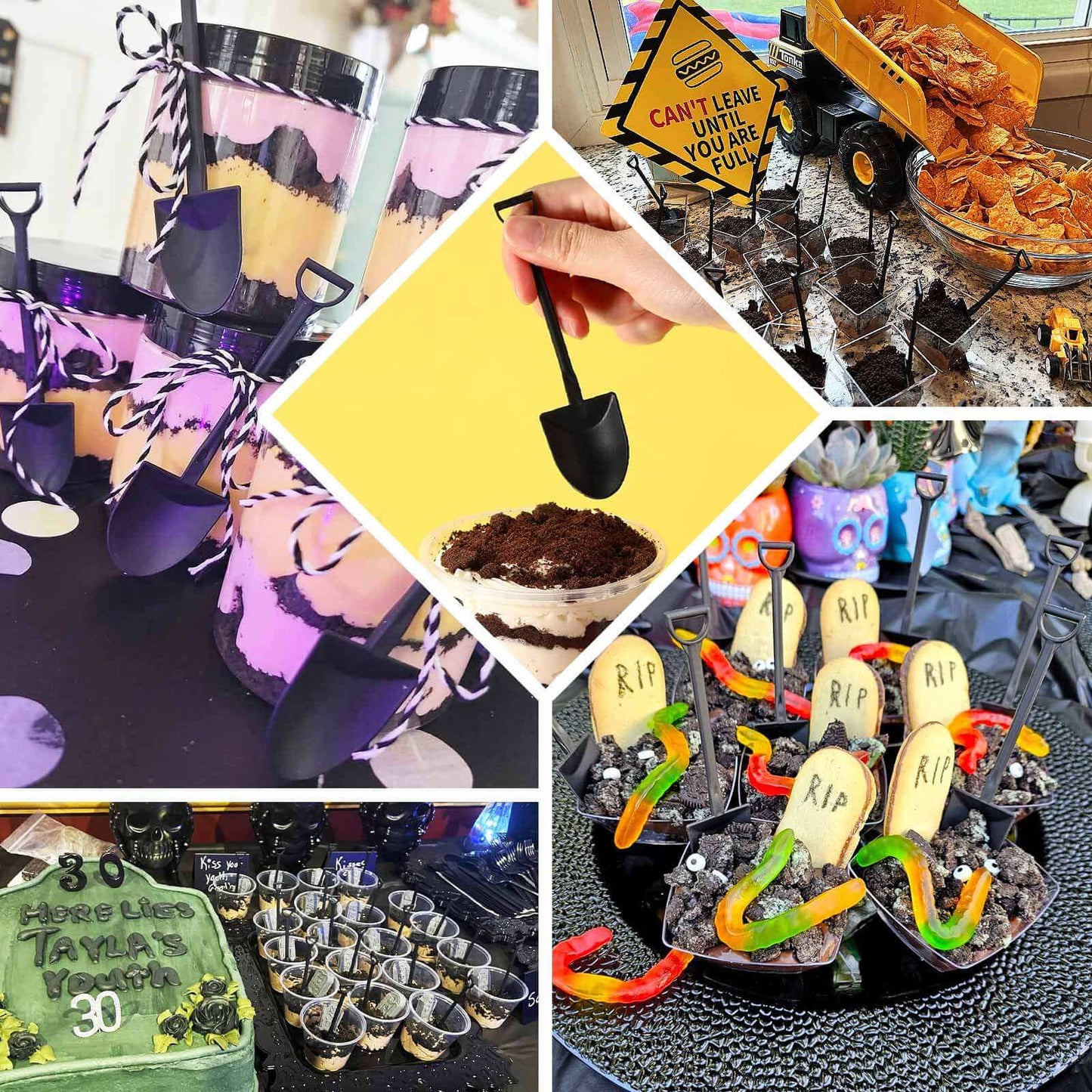 100-Pack Plastic Dessert Spoons with Mini Shovel Design Black - Disposable Ice Cream Spoons 4.5"