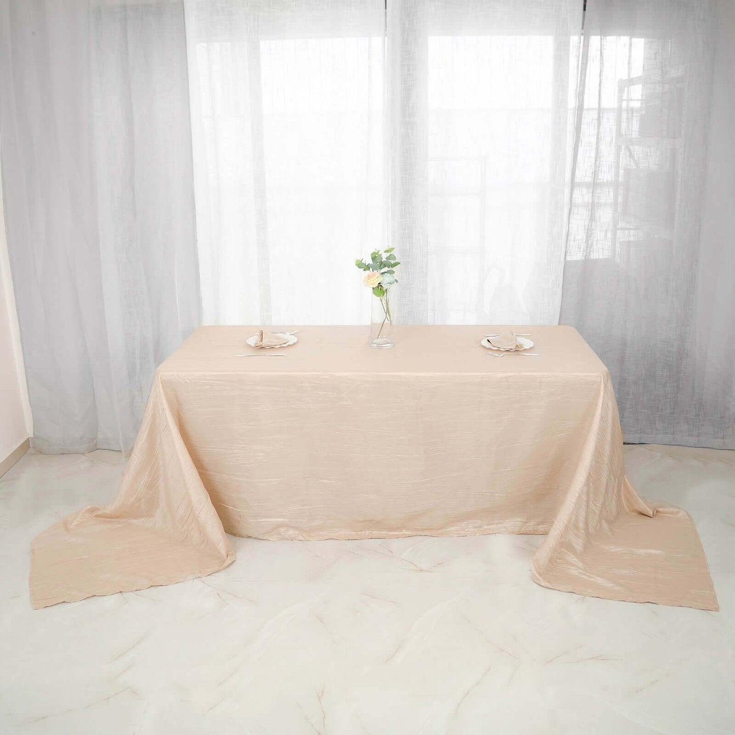 Taffeta 90"x156" Rectangle Tablecloth Beige - Accordion Crinkle Seamless Table Cover