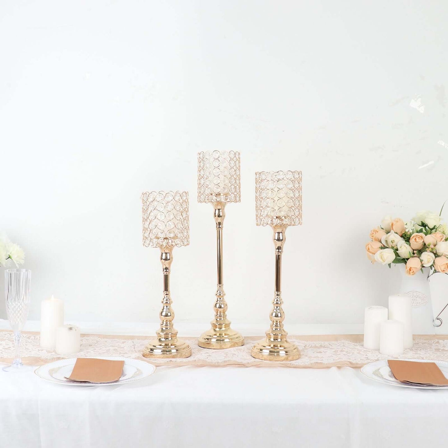 Set of 3 Crystal Beaded Goblet Votive Candle Holder Stands Gold - Tea Light Centerpiece 18", 16", 14"